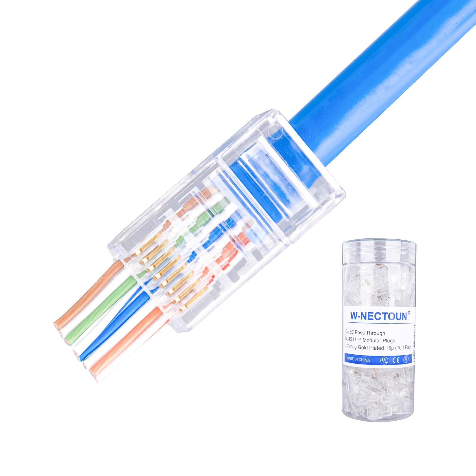 W Nectoun Cat5E Pass Through Rj45 Connectors,100 Pack Cat5 Ends/Cat 5 Connector/Cat 5E Rj45 Modular Plugs(3 Prong Gold Plated 15?),Utp Network Plug For Solid Strand Cable