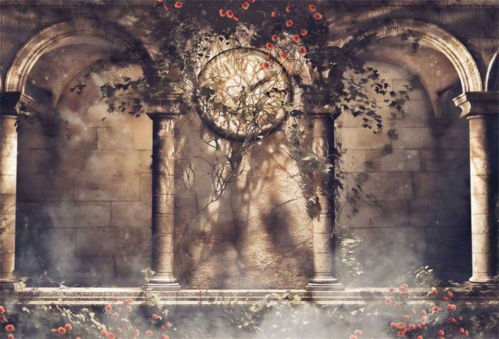 Laeacco Retro Clock Gothic Backdrop 10X8Ft Vinyl Photography Background Rose Ivy Arch Architecture Building Stone Wall Fantasy Scene Wedding Parties Backdrops