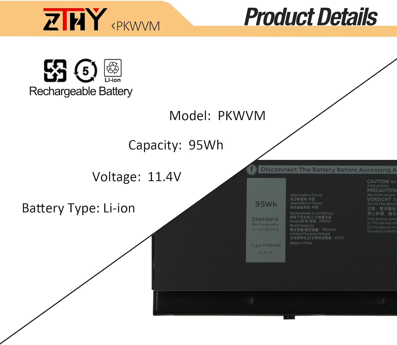 Zthy 95Wh Pkwvm Laptop Battery Replacement For Dell Precision 7550 7560 7750 7760 Mobile Workstation P44E P93F P44E001 P44E002 P93F001 P93F002 C903V Cr72X 17C06 0Cr72X 0447Vr 068N03 453 Bbcq 11.4V