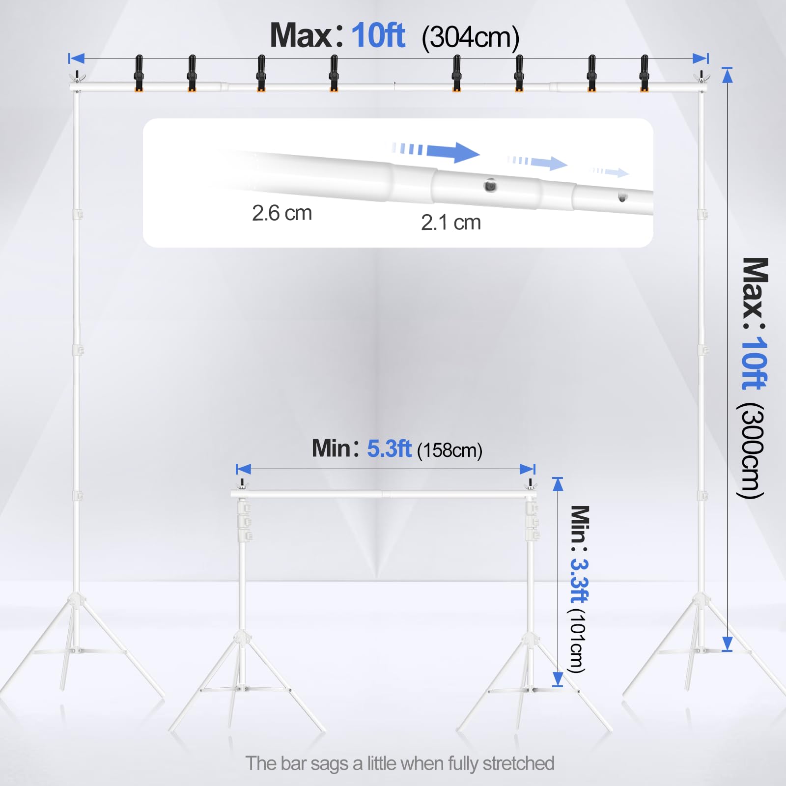 Emart Backdrop Stand 10X10Ft(Wxh) Photo Studio Adjustable Background Stand Support Kit With 2 Crossbars, 8 Backdrop Clamps, 2 Sa