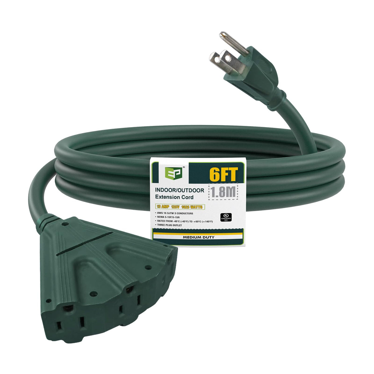 Ep 6 Ft Outdoor Extension Cord With 3 Electrical Power Outlets   16/3 Sjtw Green Cable With 3 Prong Grounded Plug For Safety Gre