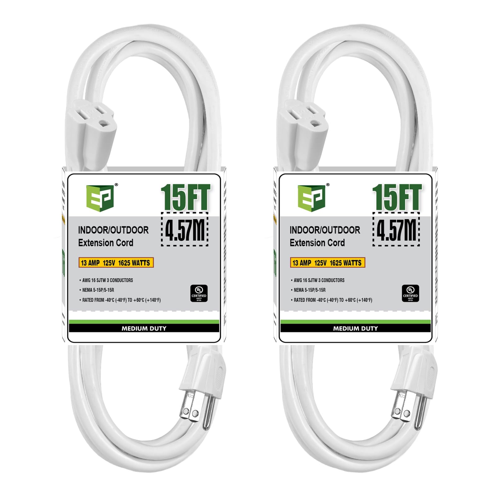Ep 2 Pack 15 Ft Outdoor Extension Cord   16/3 Sjtw White Electrical Cable With 3 Prong Grounded Plug, Ul Listed
