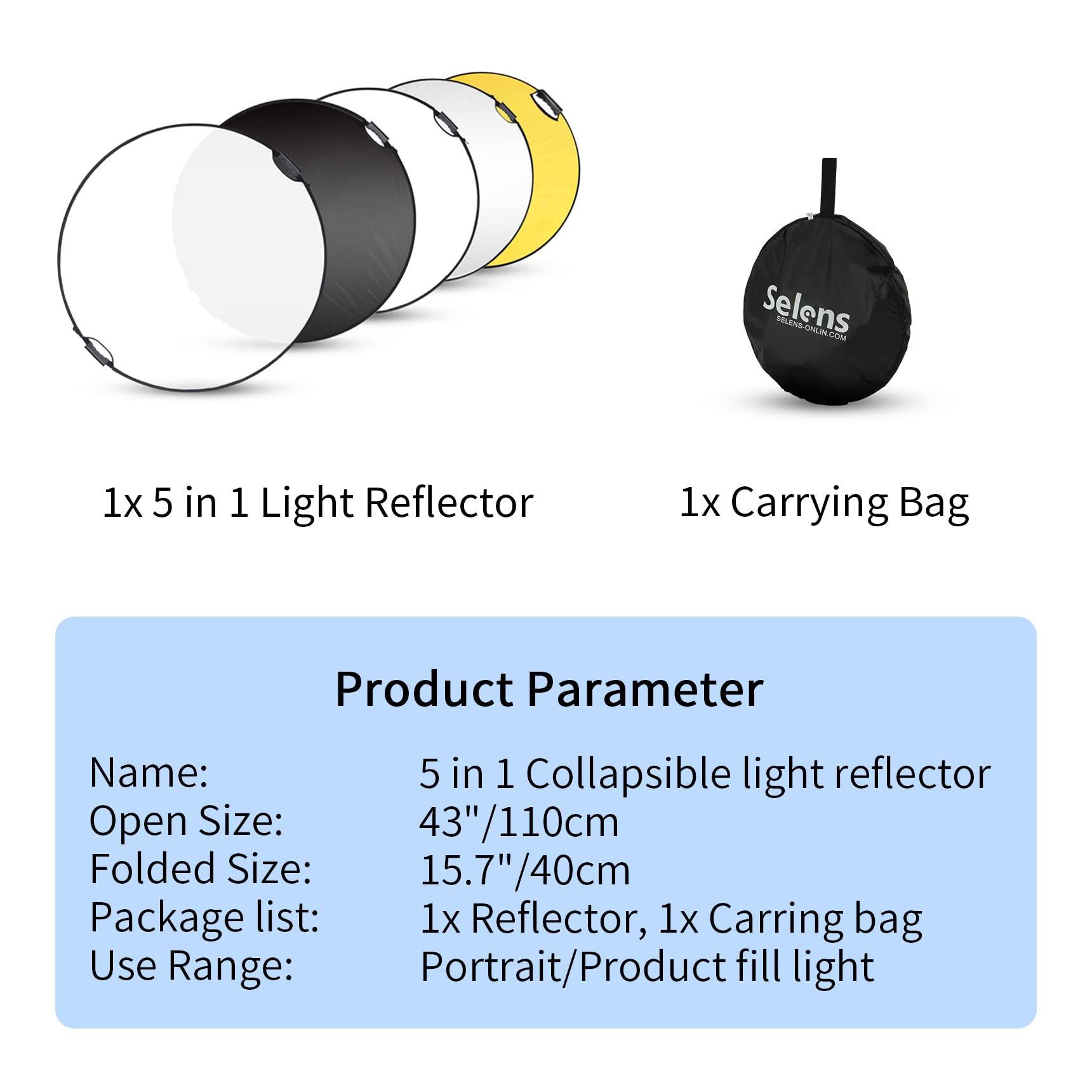 Selens 43 Inch (110Cm) Photography Reflector, Collapsible Light Reflector With Carrying Case, 5 In 1 Reflector For Photography P