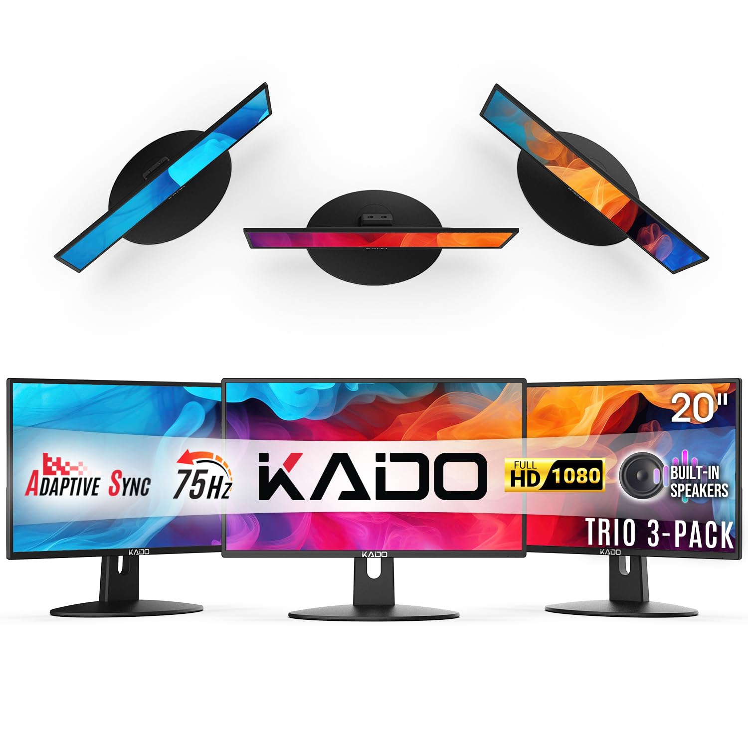 Kado Triple Monitor Setup   3 Pack 20'' 1600X900 Computer Monitor 75Hz Hd+ Vesa Mount Vga Hdmi Office Gaming Hybrid Built In Spe