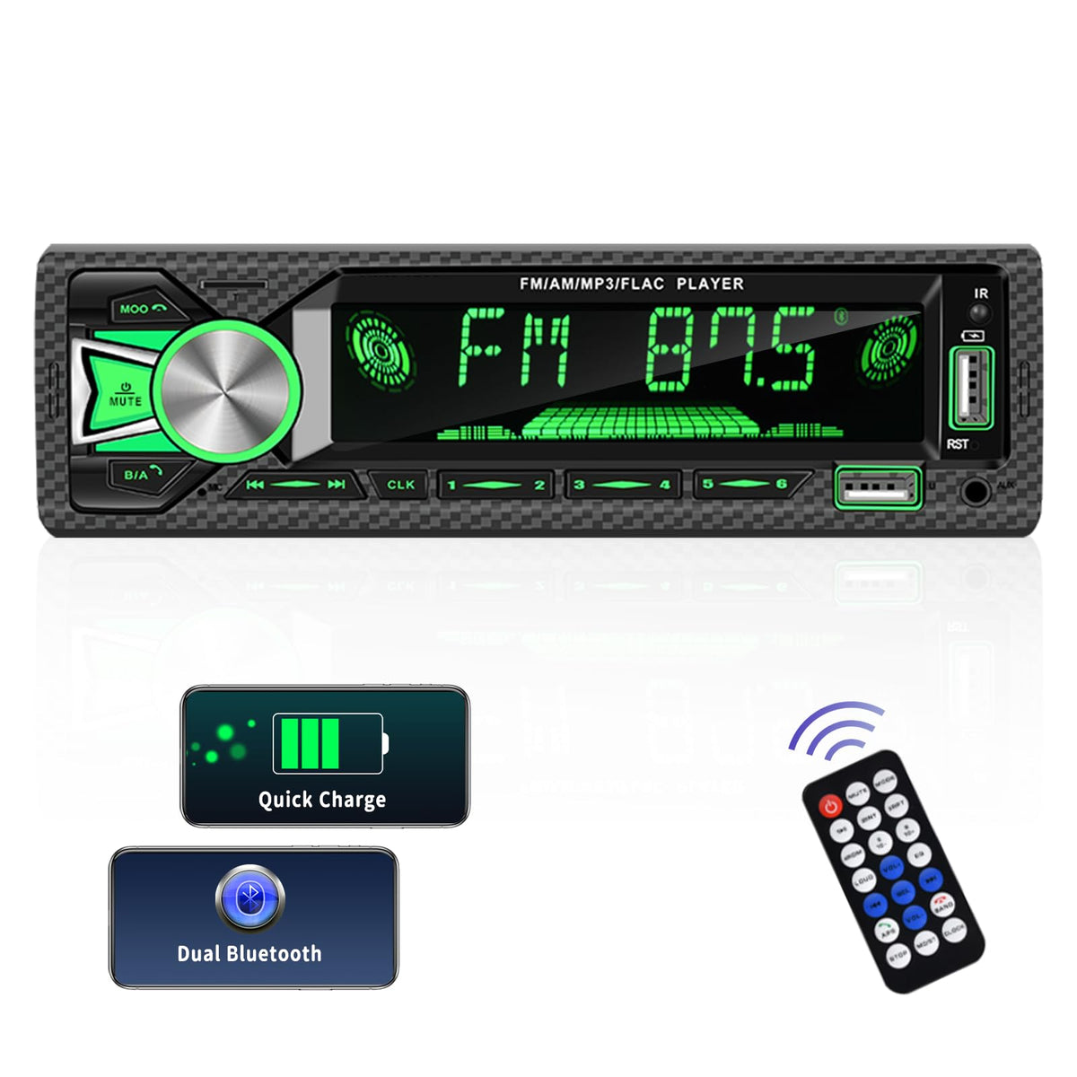Single Din Car Stereo Marine Radio Bluetooth Hands Free Calling Car Audio Receivers With Digital Lcd Display Fm Car Radio Mp3 Player Quick Charge Usb/Sd/Aux In Built In Microphone + Remote Control