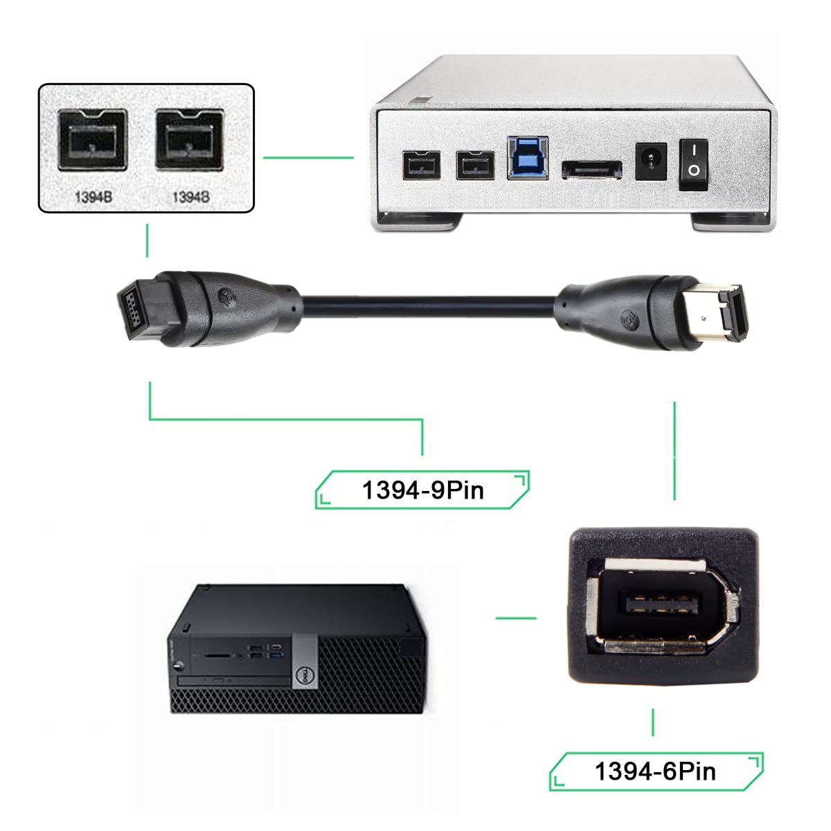 Cy Ieee 1394 Firewire 800 9 Pin To 6 Pin Cable Firewire 800 To 400 9P To 6P Capture Cord 1.8M