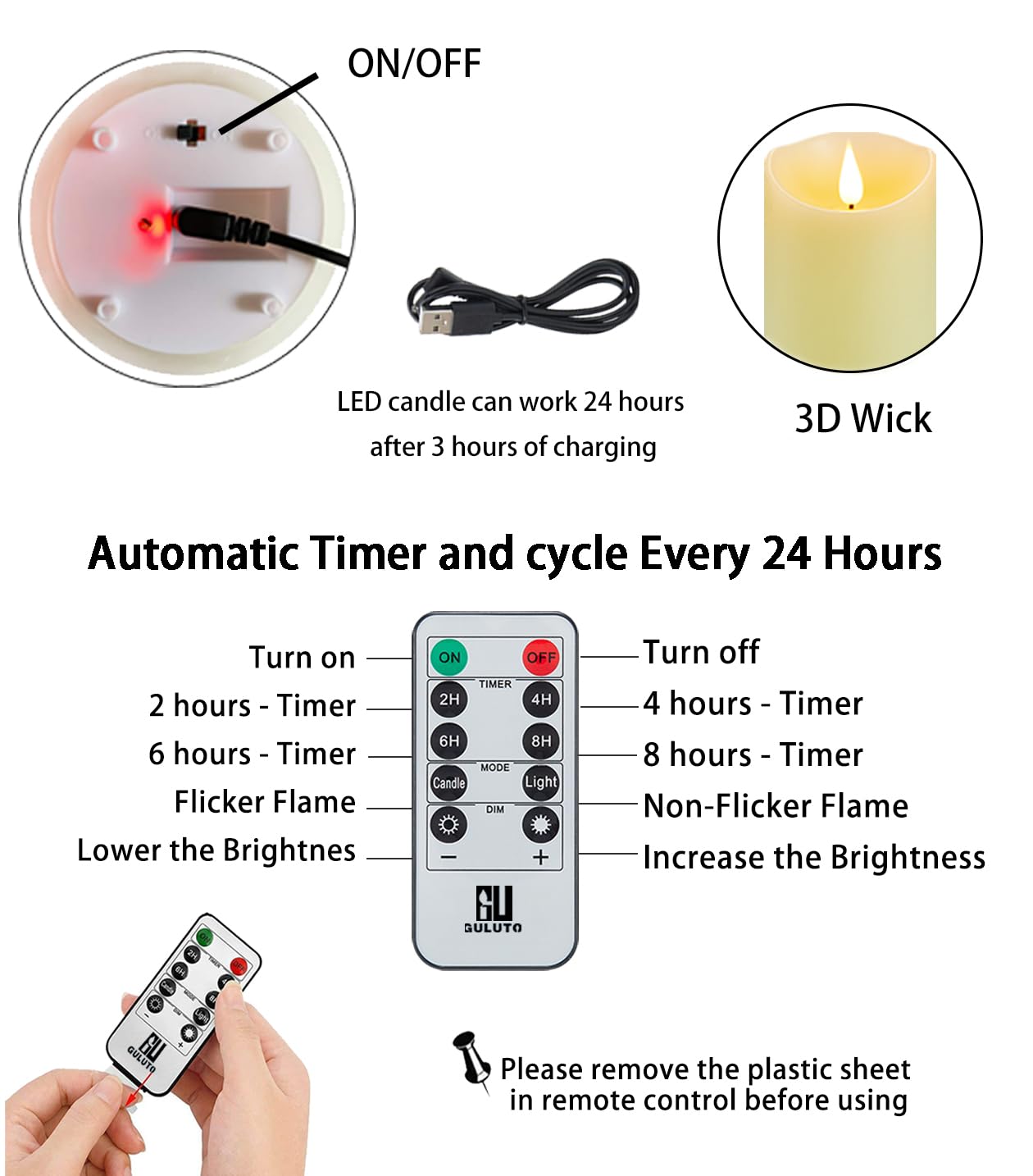 Guluto Flickering Flameless Candles With Rechargeable Battery, Electronic Candles With Remote And Timer, Led Pillar Candles Real