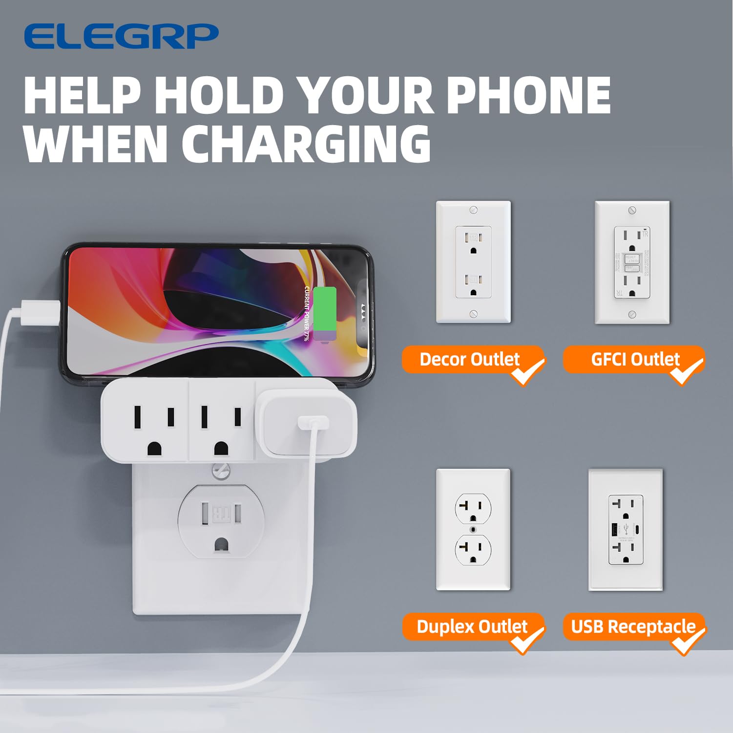 Elegrp Triple Outlet Extender, 3 Prong Grounded Wall Tab, Multiple Outlet Extender Adapter Plug With 3 Electrical Outlets For Tr