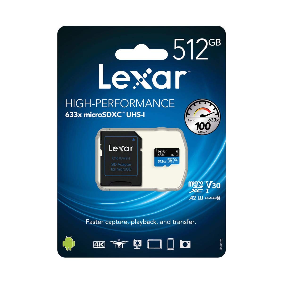 Lexar High-Performance 633X 512Gb Microsdxc Uhs-I Card W/ Sd Adapter, C10, U3, V30, A2, Full-Hd & 4K Video, Up To 100Mb/S Read,