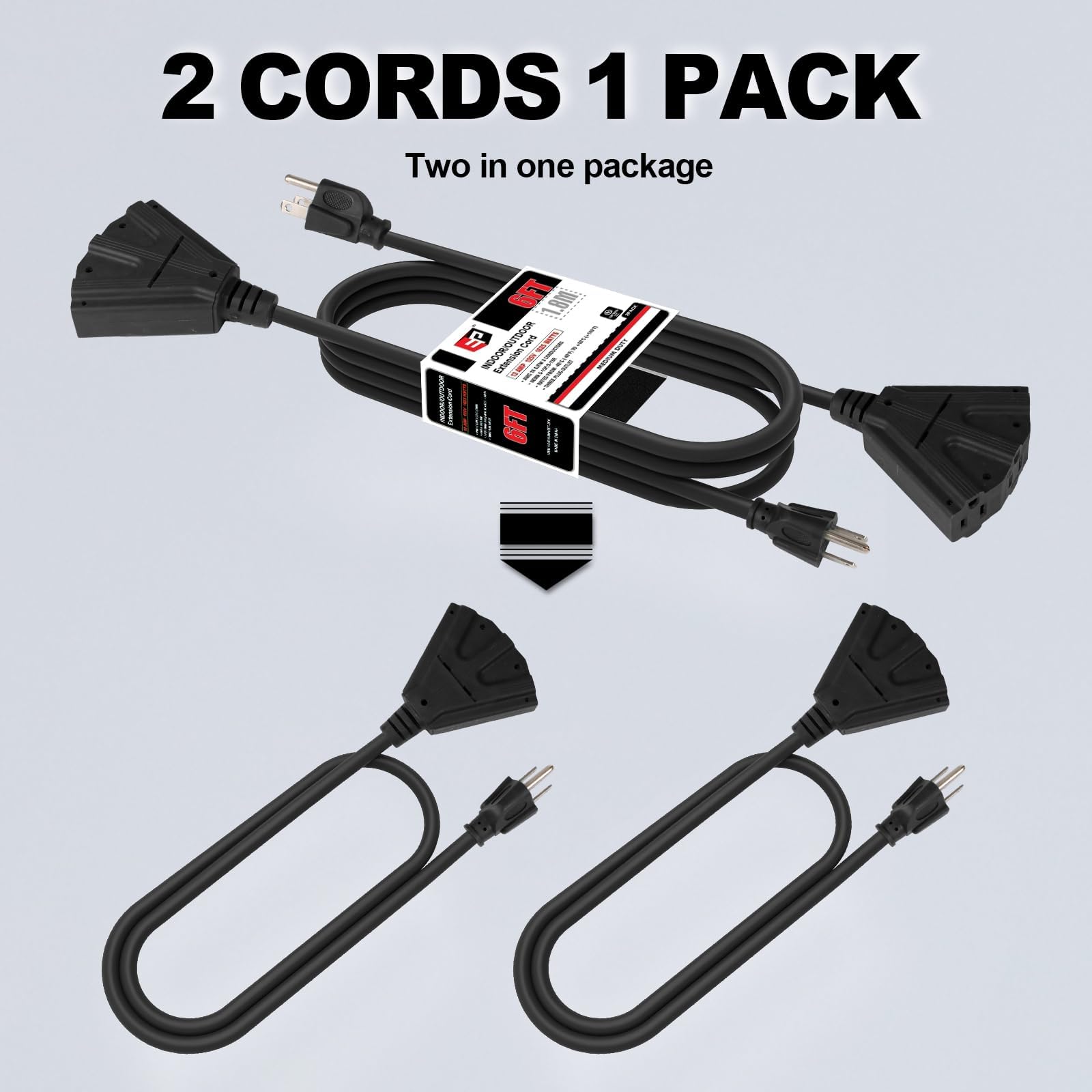 Ep 2 Pack 6 Ft Outdoor Extension Cord With 3 Electrical Power Outlets   16/3 Sjtw Grey Cable With 3 Prong Grounded Plug For Safe