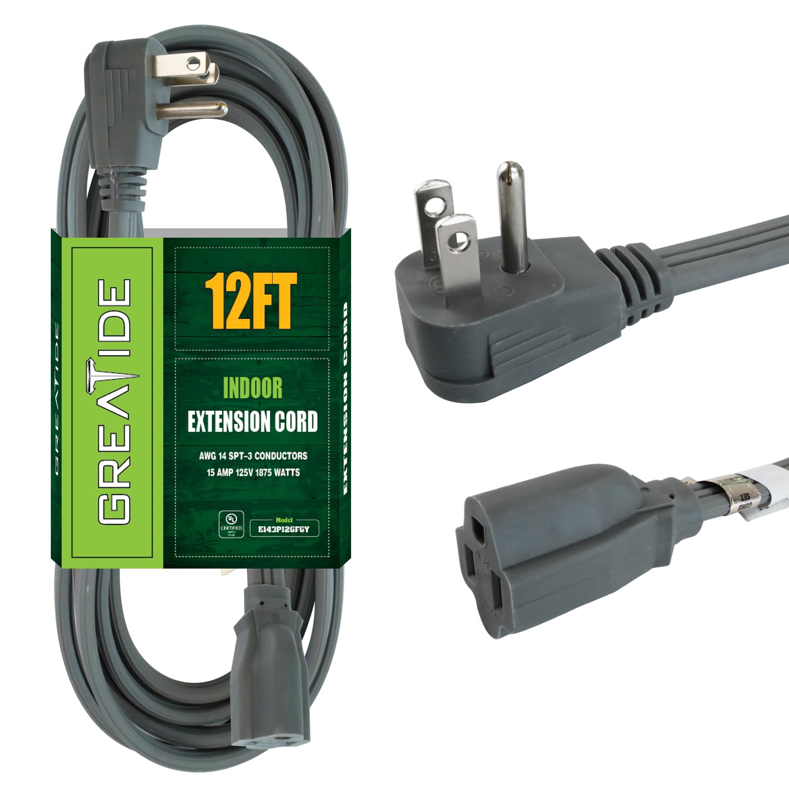 Greatide 12 Ft Heavy Duty Extension Cord Wire, 14 Gauge 3 Prong Spt 3 Extension Cord, 3 Pronged Cord For Air Conditioner Refrige