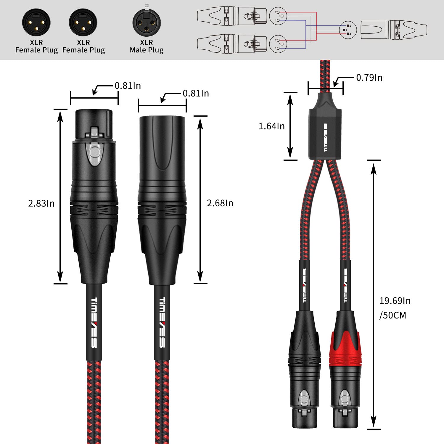 Timeyes Xlr Y Splitter Audio Cable   1 Xlr Male To 2 Xlr Female Balanced Microphone Patch Cable   10Ft Dual Xlr Female To Xlr Ma
