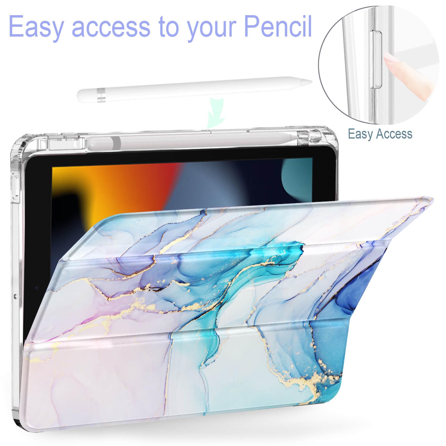 Feams For Ipad 9Th Generation Case 10.2 Inch, Trifold Ipad 10.2 Case Transparent Back Clear Cover With Pencil Holder & Auto Slee
