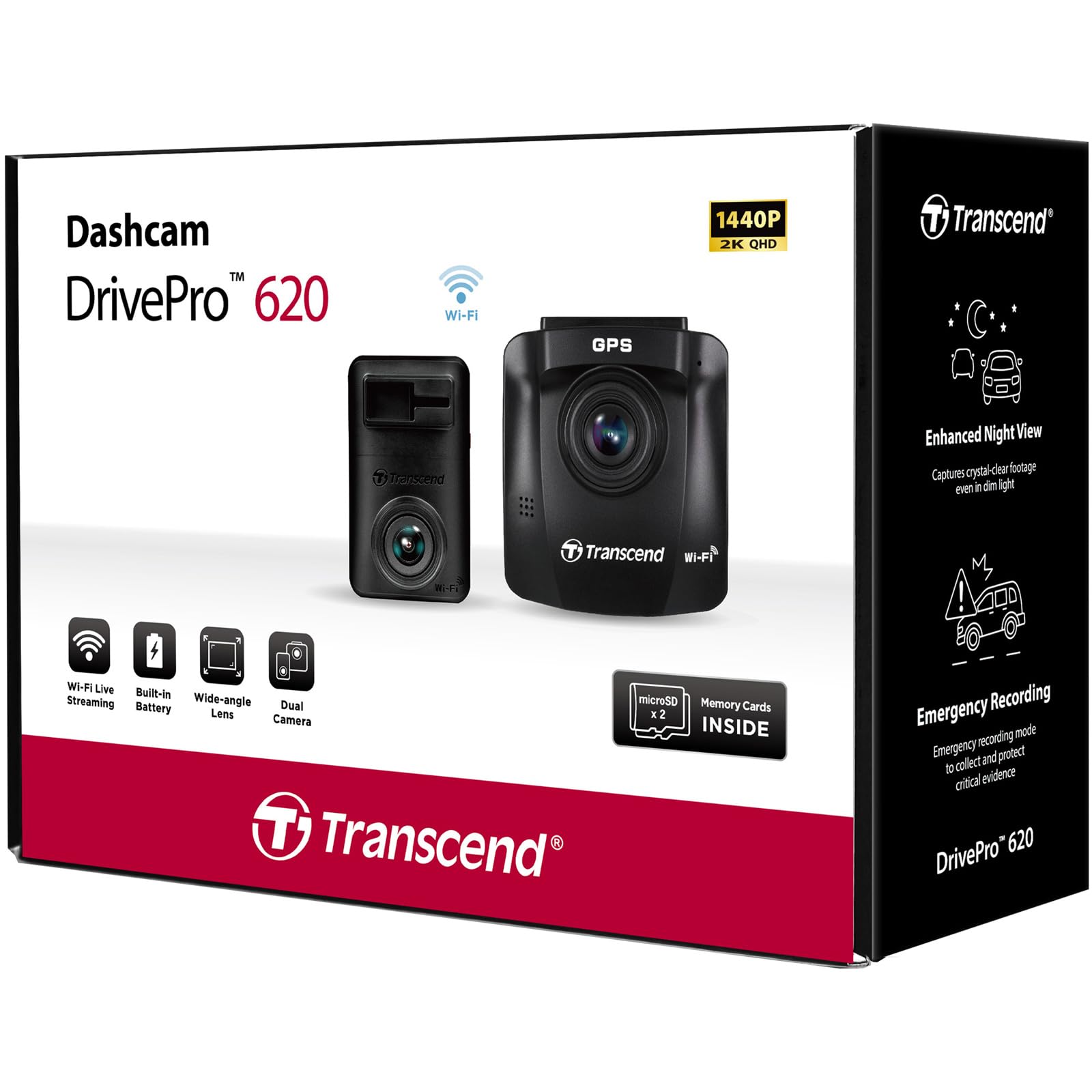 Transcend 64GB, Dual Camera Dash Cam, 140 Wide Angle, 2.4 Display, Built in WiFi GPS,G Sensor, Night Vision, Loop Recording, Parking Mode, ADAS, for Cars Taxi   TS DP620A 64G