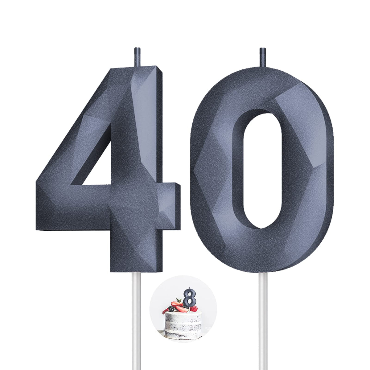 Number Birthday Candles(40 Candle Black) 3D Diamond Shape Number Happy Birthday Cake Candles For Birthday Party Wedding Decorati
