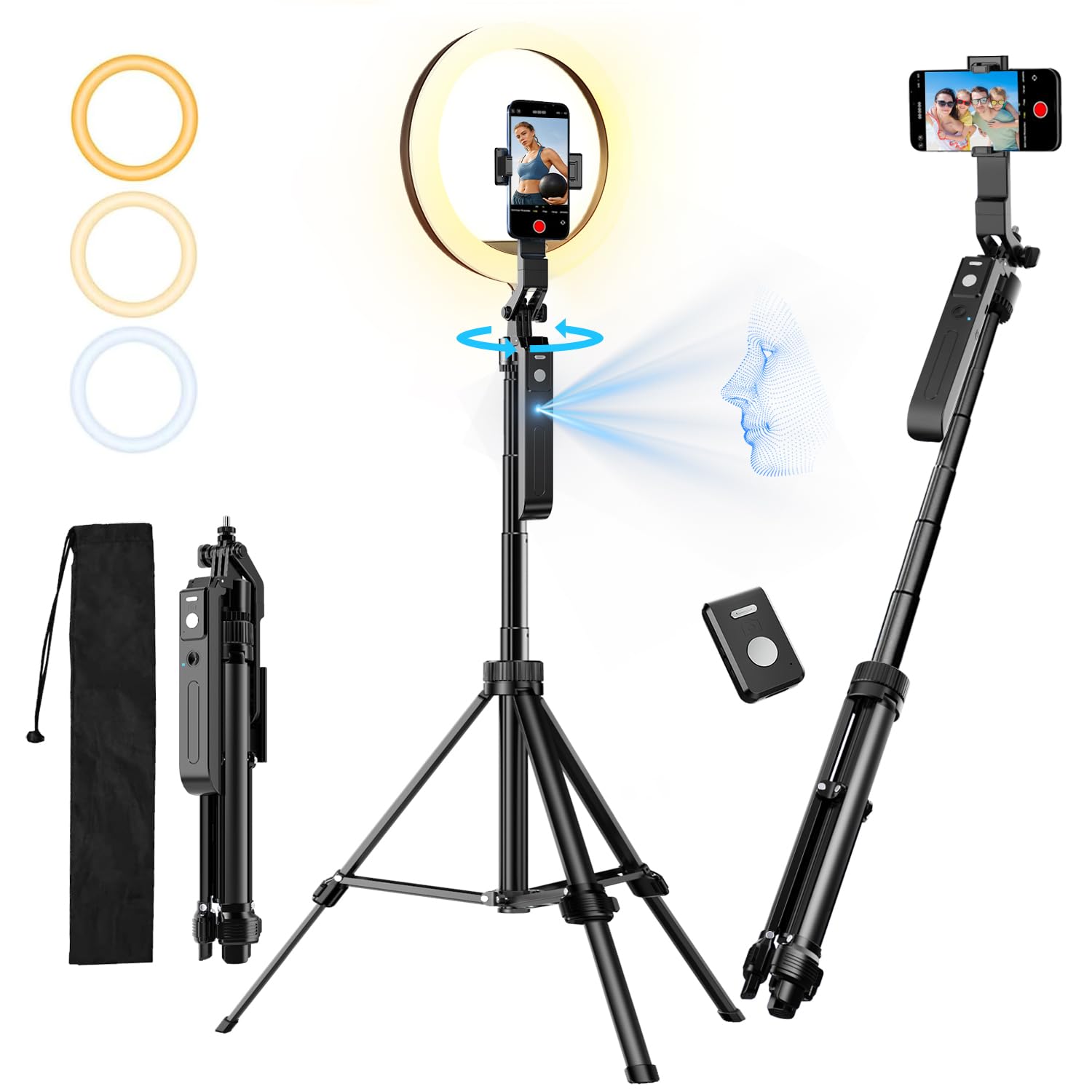 Upgraded Auto Face Tracking Tripod 360 Rotation with Stand, 10 RGB Ring Light Phone Tripod & Selfie Stick with Remote and Gestur