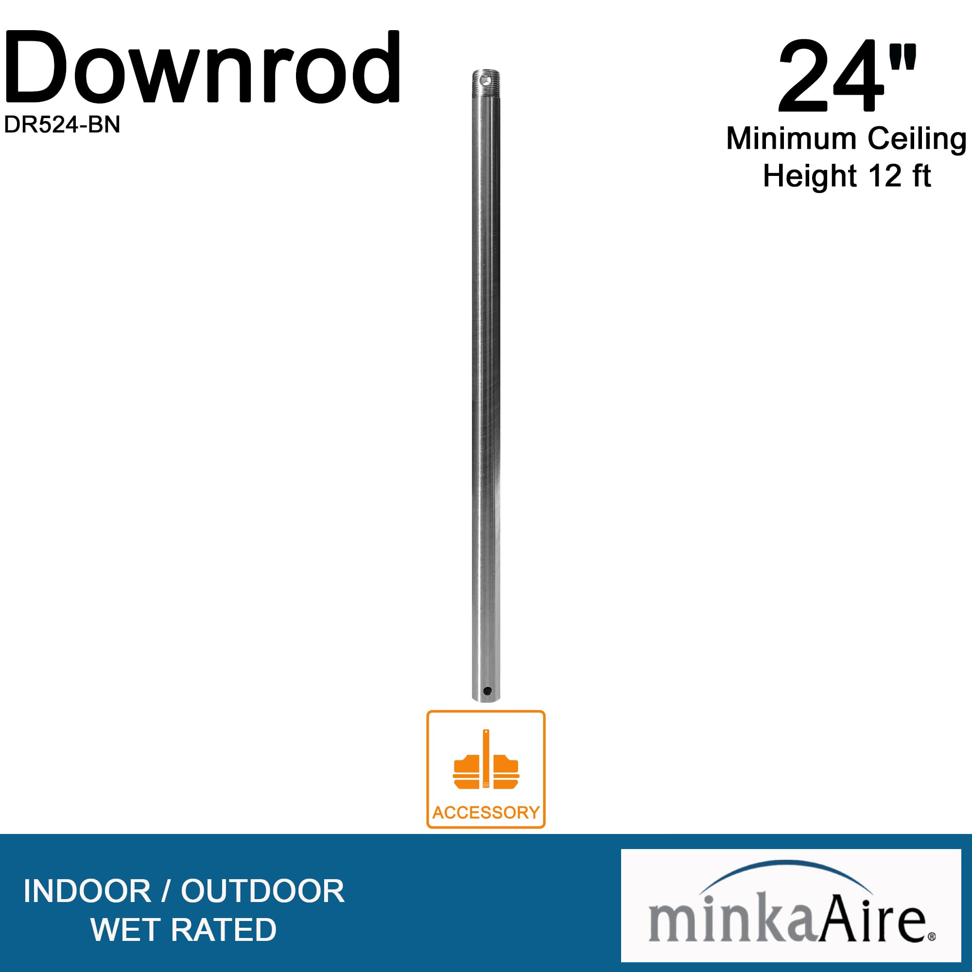 Minka-Aire 24 Inch Ceiling Fan Downrod - Brushed Nickel - Dr524-Bn