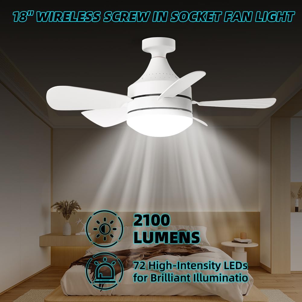 Aomohk Socket Fan Light With Remote, 18'' Small Light Socket Ceiling Fan For E26 Base, 3Cct Dimmable Mini Screw In Ceiling Fan I