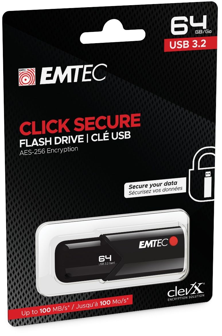 Emtec Click Secure B120 Usb 3.2 Flash Drive 64 Gb   Encryption Software Aes 256   Read Speed 100 Mb/S   Black