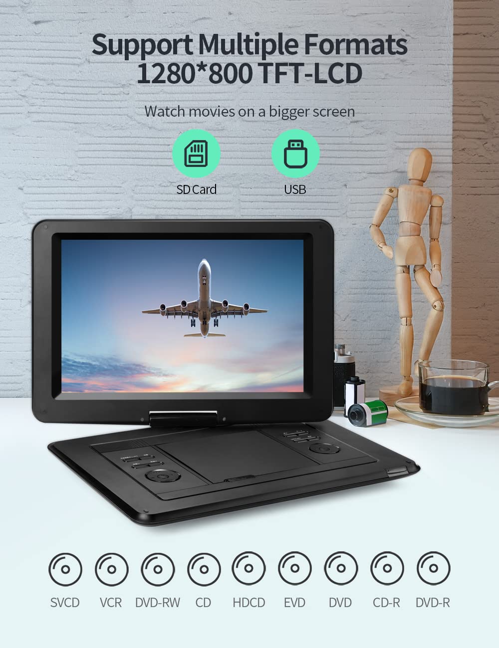 Yoton 17.5' Portable Dvd Player With 15.5' Hd Swivel Screen For Car And Kids, 4 6 Hours Working Time With Built In Battery, Dual Stereo Speakers, Usb/Sd/Av/Audio/Gamepad Support [Not Support Blu Ray]