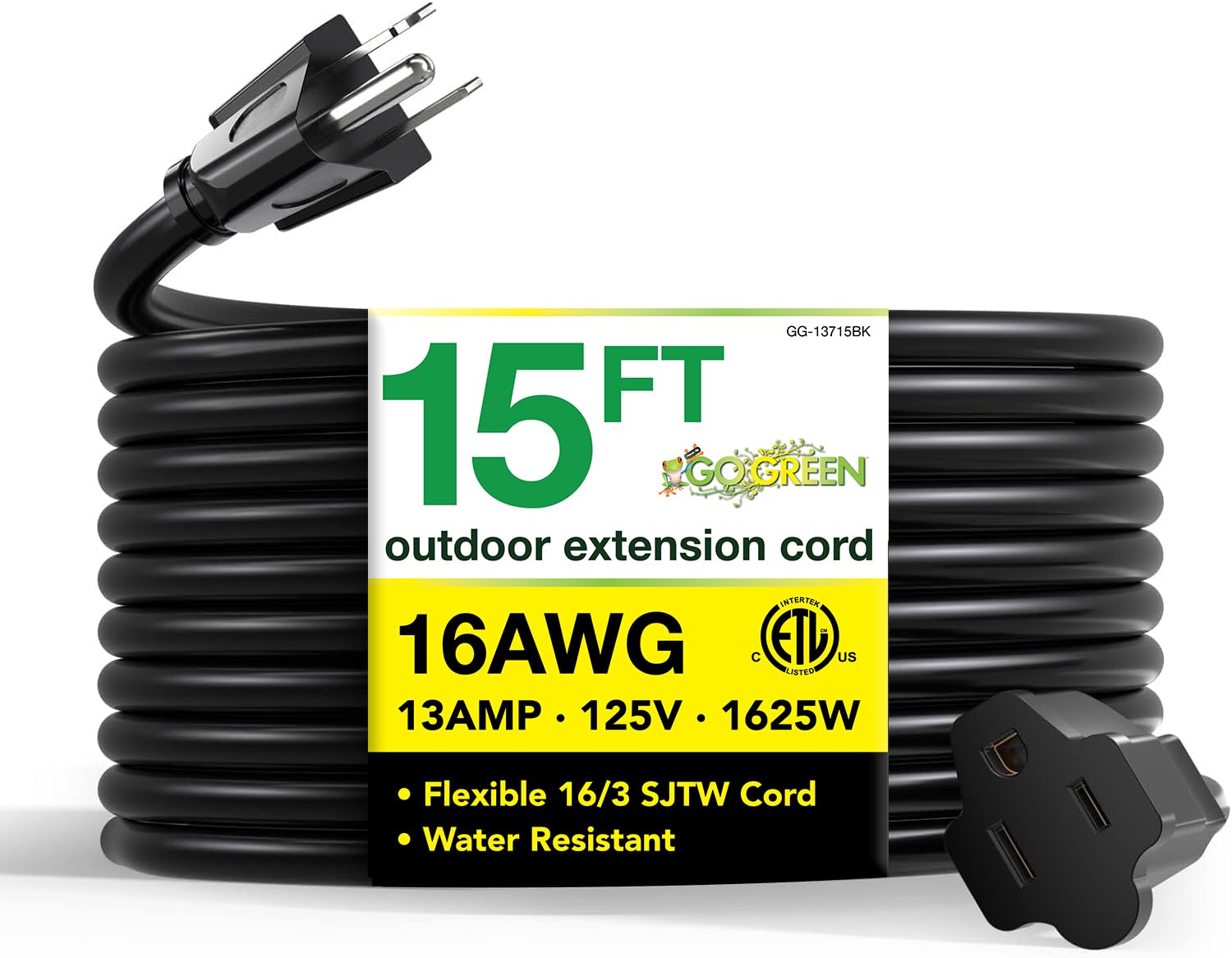 Go Green Power Inc. (Gg 13715Bk) 16/3 Sjtw Outdoor Extension Cord, Black, 15 Ft