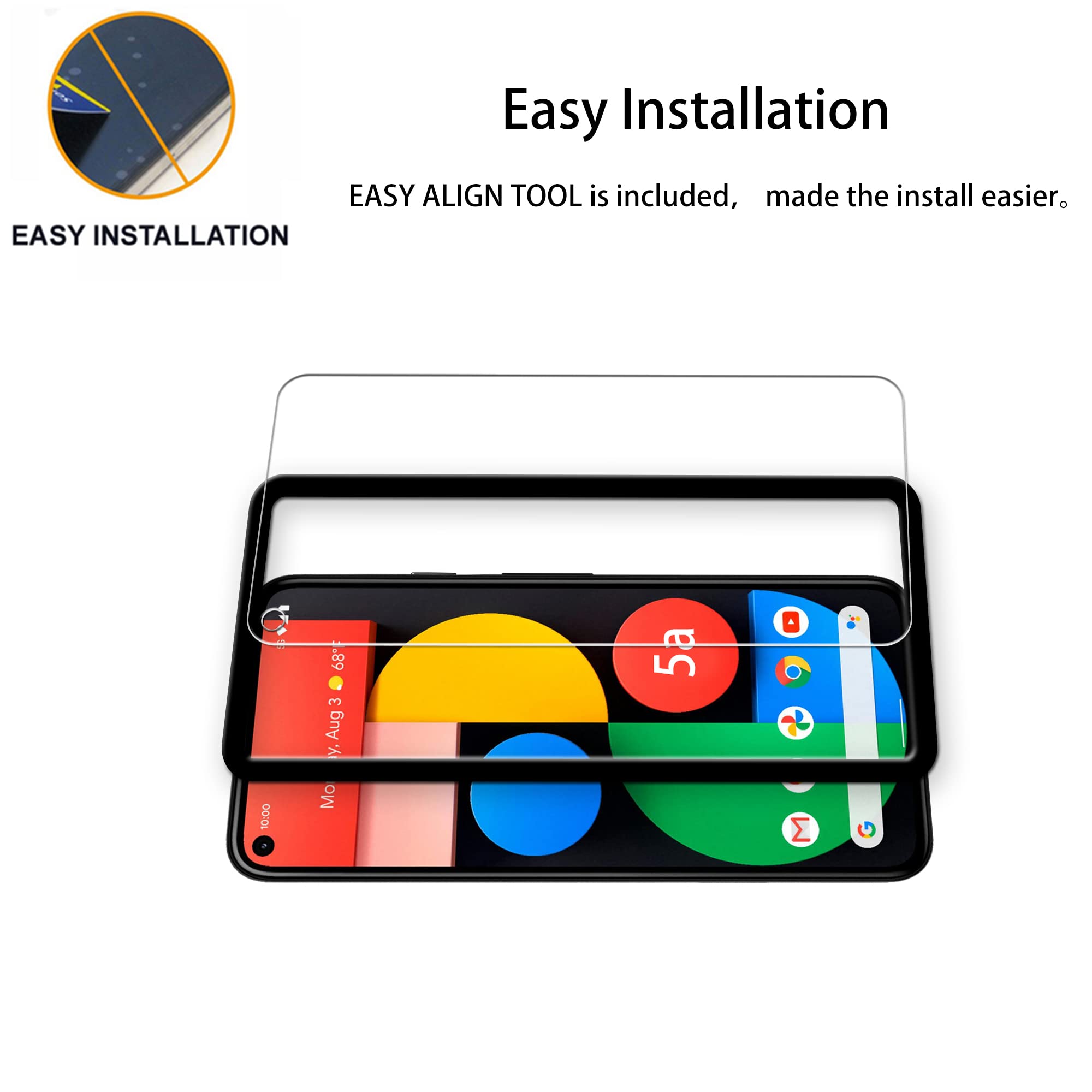 Hkkais Easy Alignment Frame Designed For Google Pixel 5A 5G Tempered Glass Screen Protector 2 Pack Camera Lens Protector Film 2