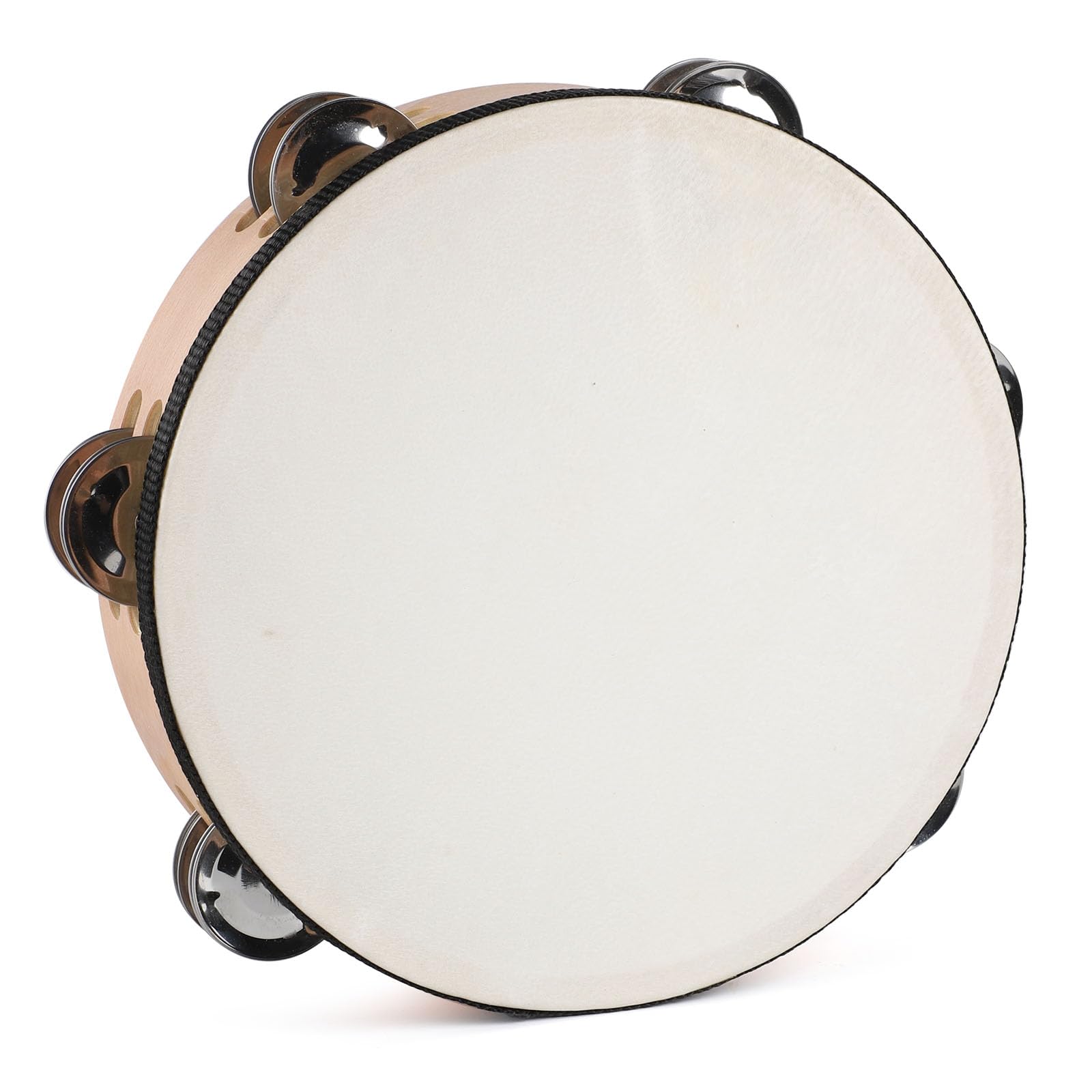 LIEKE Tambourine 6 Inch Goatskin Drumhead Hand Held Drum with 4 Pairs Double Row Metal Jingles for Church Music Classroom Dance 