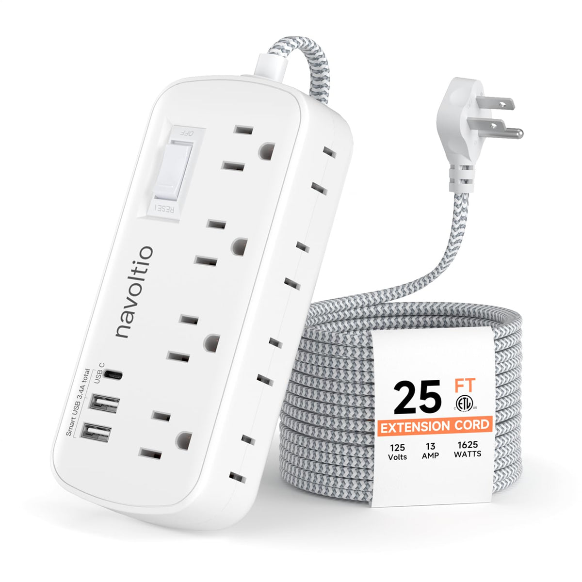 Extension Cord 25 Ft Multiple Outlets - Surge Protector Power Strip 8 Ac Outlets 3 Usb (3.4A 17W) 1080 Joules Flat Long Braided 