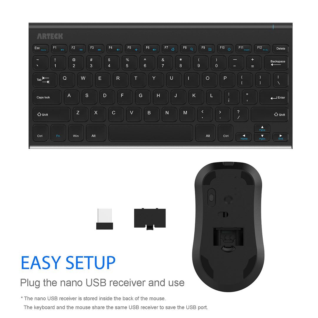 Arteck 2.4G Wireless Keyboard And Mouse Combo Ultra Compact Slim Stainless Full Size Keyboard And Ergonomic Mouse For Computer/D
