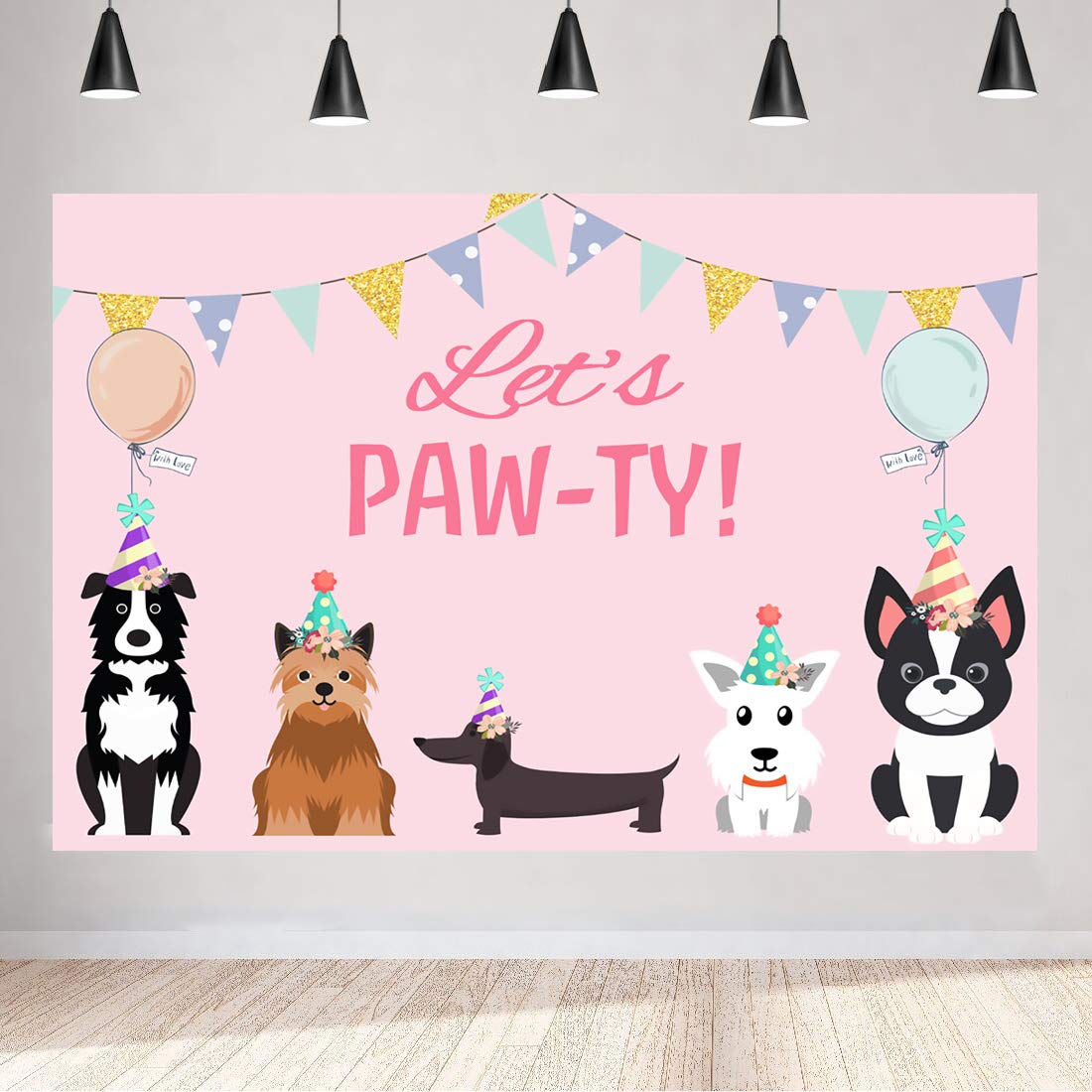 5X3Ft Puppy Dog Happy Birthday Themed Backdrops Let'S Paw Ty Doggy Pet Pink Girl Photography Backdrop Birthday Banner For Puppy