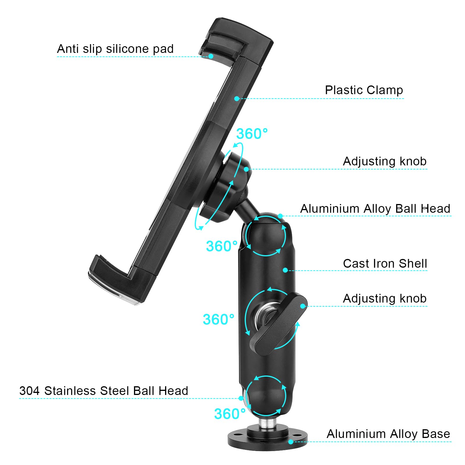 Aluminum Heavy Duty Drill Base Tablet Mount For Truck,Commercial Vehicles,Dashboard,Boat,Car And Wall,Tablet Holder For Truck Compatible With 4' 12.9' Ipad Pro/Mini/Galaxy Tab,Large Case Friendly