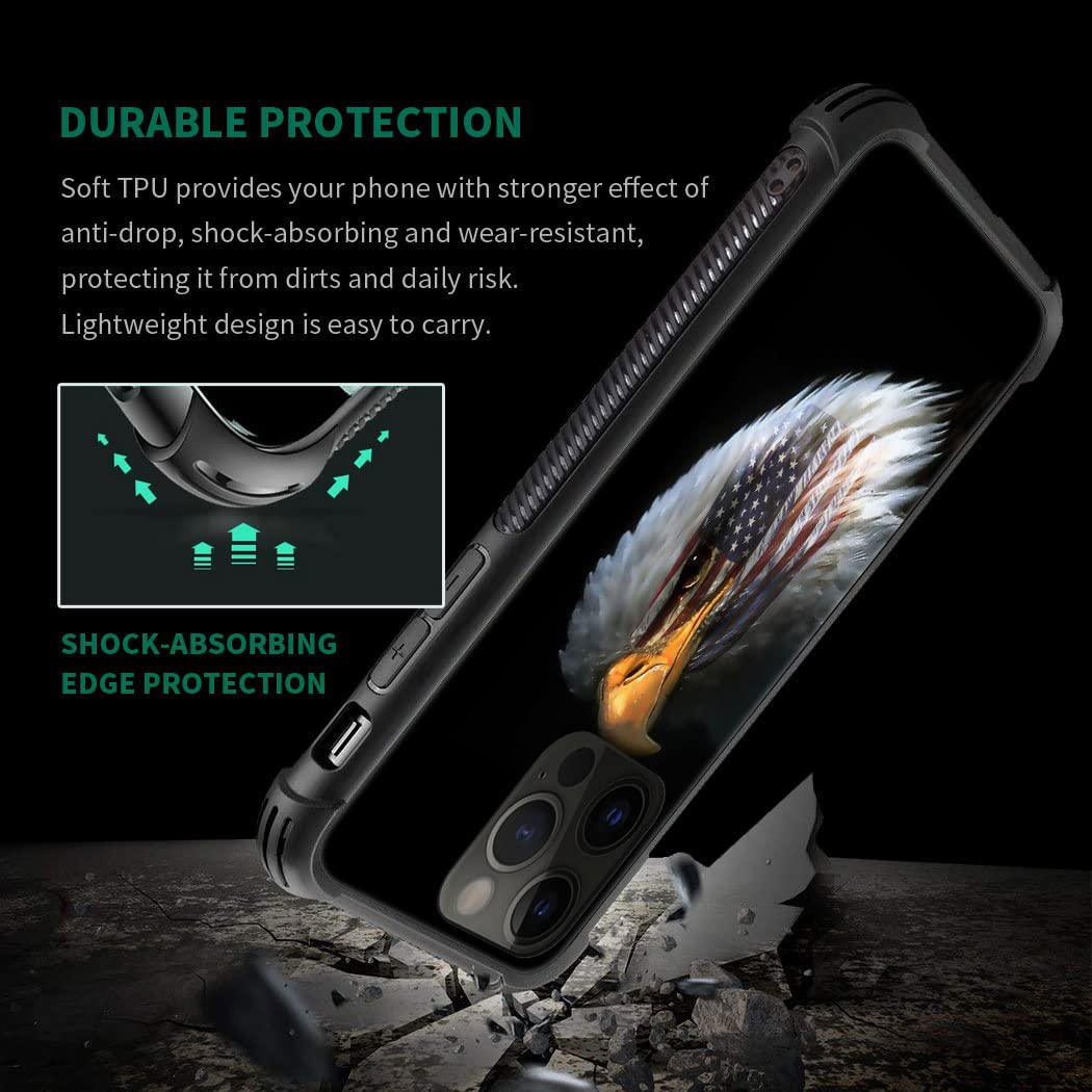ZHEGAILIAN iPhone 14 Pro Max Case Tempered Glass Back TPU Shock Protective American Flag Eagle Eye Design