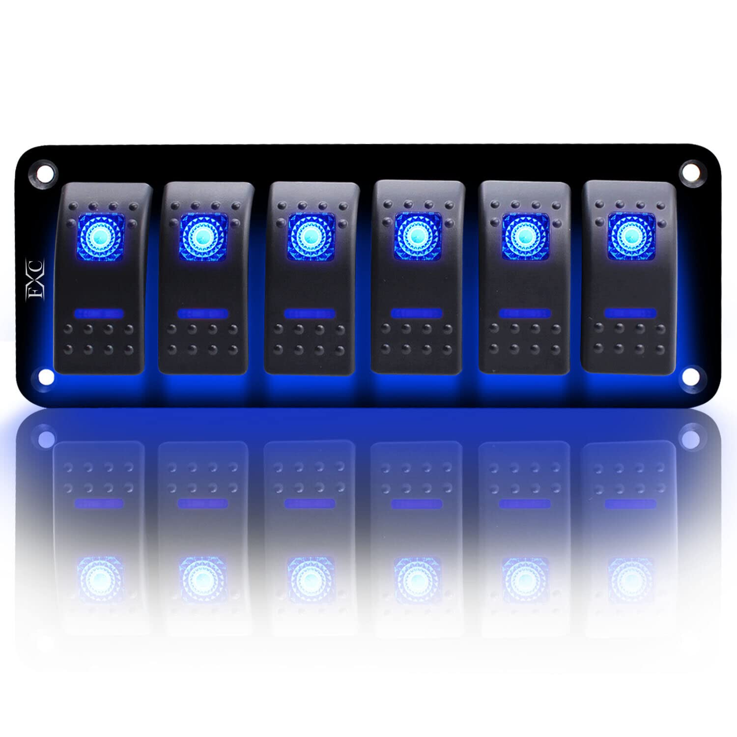 FXC Boat Marine Switch Panel Waterproof 12V 6 Gang Rocker Switch Panel Blue Dual LED Light Toggle Switch Aluminum Panel Pre-Wire