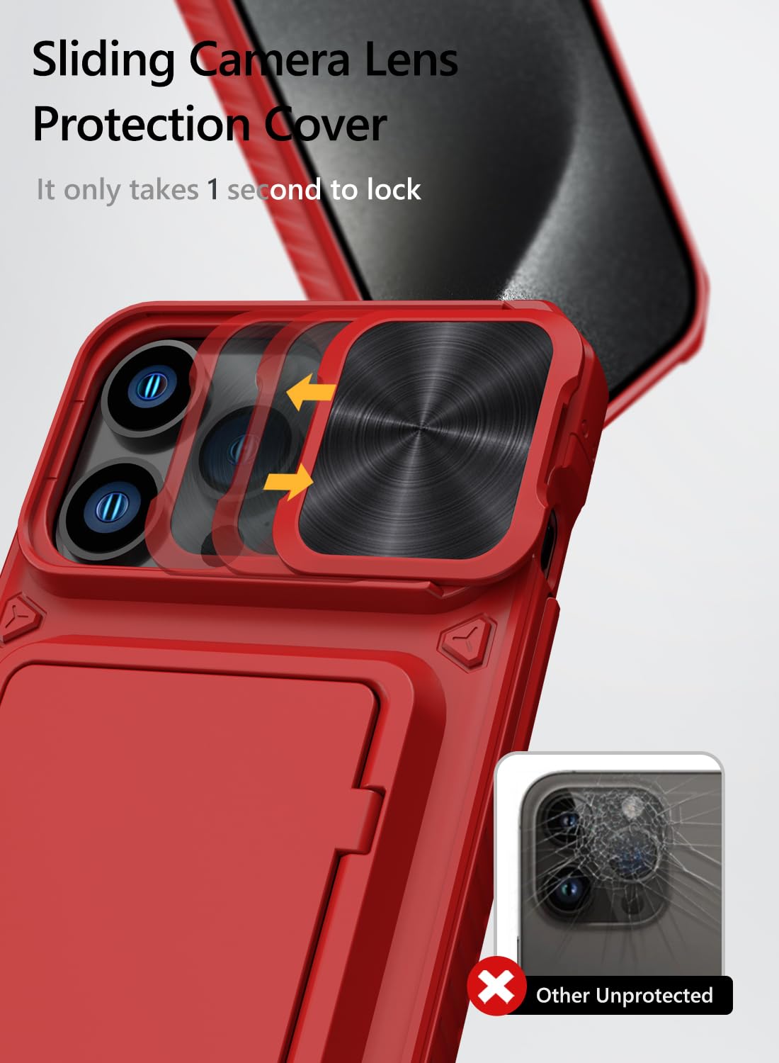 Vihibii For Iphone 15 Pro Max Wallet Case With Card Holder (4 Cards) & Slide Lens Protective Cover & Kickstand & Raised Edges Pr