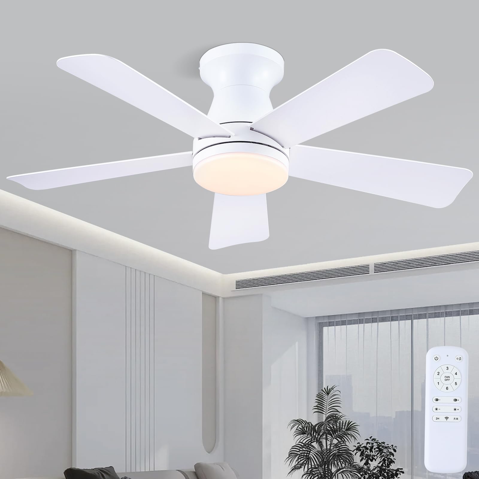 Goniyado 41 Low Profile Ceiling Fans with Lights and Remote, White Indoor Ceiling Fan Light with Quiet Reversible DC Motor,Moder