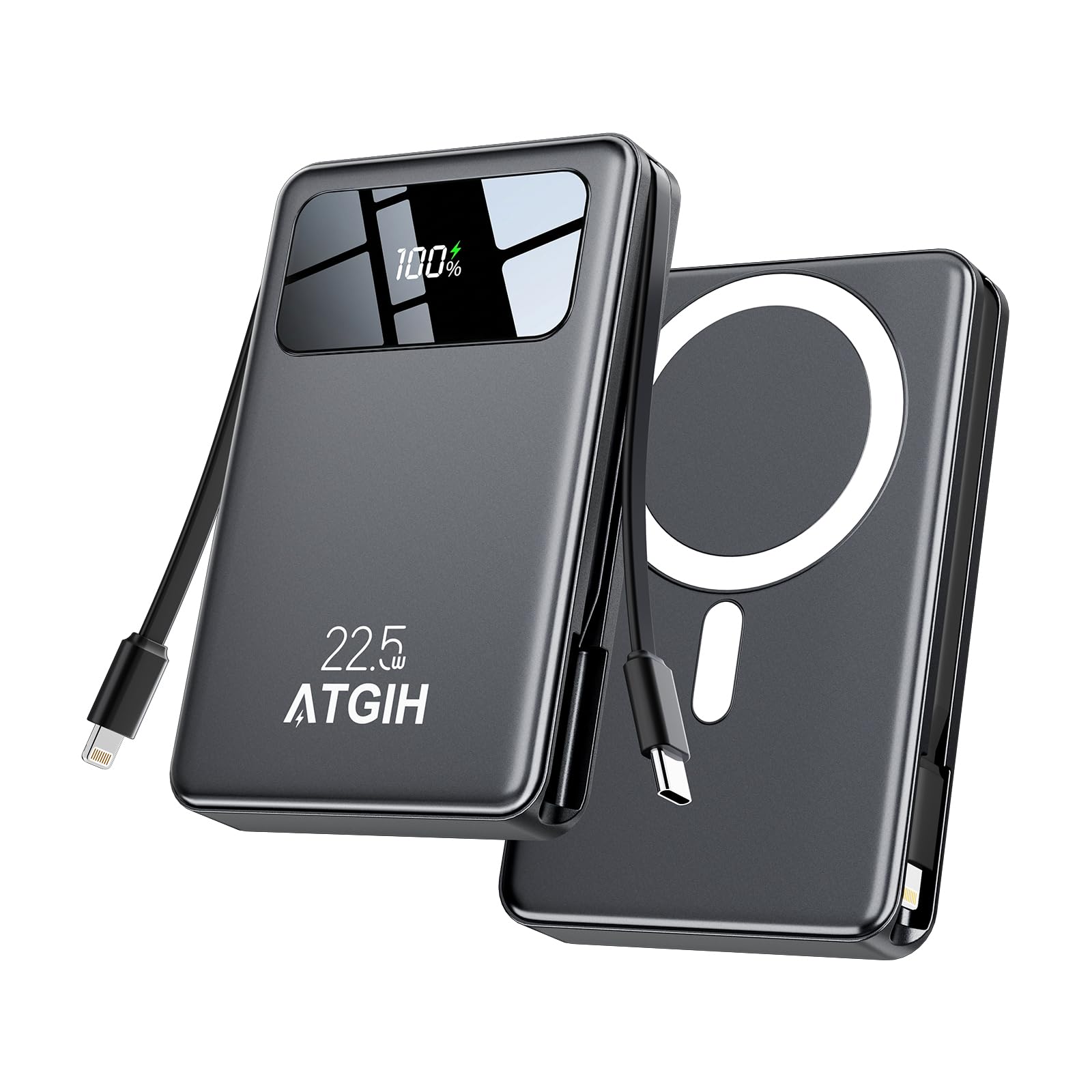 ATGIH 10000mAh Magnetic Wireless Power Bank, 5in1 Portable Charger with 2 Builtin Cables, 22.5W PD Fast Charging Magnetic Bat