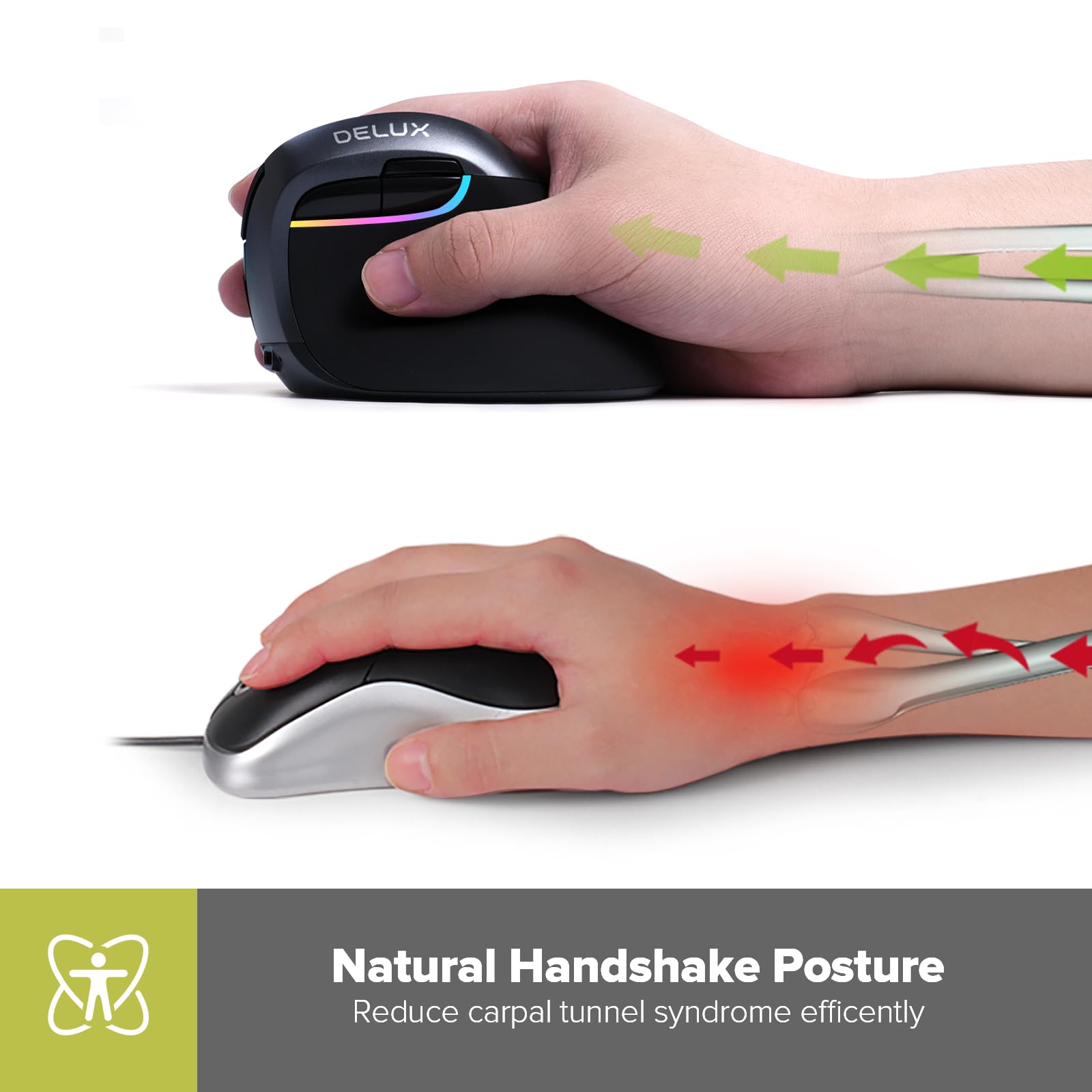 Delux Wireless Vertical Mouse, Small Silent Ergonomic Mouse With Bt 5.0 And Usb Receiver, 6 Buttons And 4000 Dpi, Rgb Rechargeab