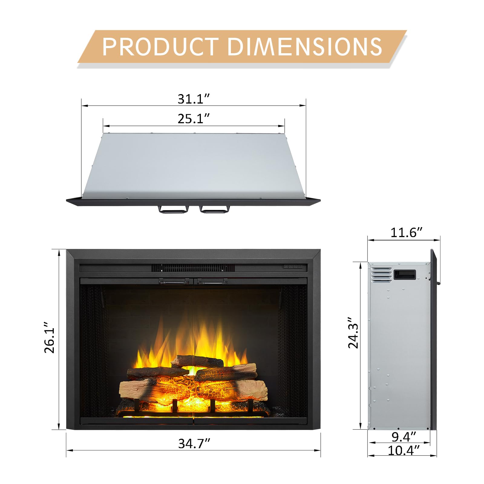 Legendflame Damon 35'' W Electric Fireplace Insert With Glass Door And Mesh Screen (Ef264B), Fireplace Heater 750/1500W, Fire Cr