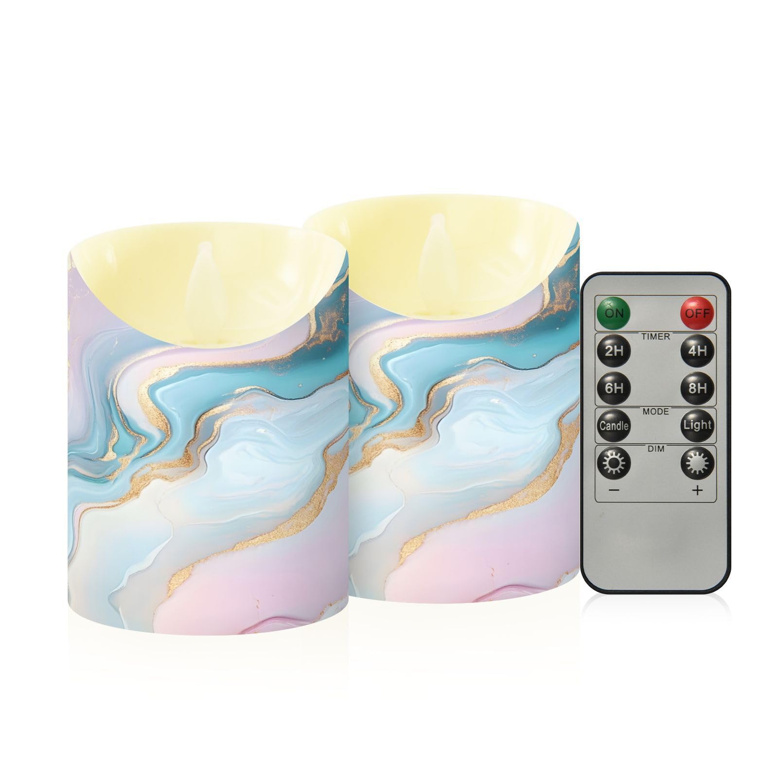 ALAZA Pink Blue Marble Flameless Candles with Remote Timer,LED Flickering Battery Operated Electric Pillar Tea Light Candles for