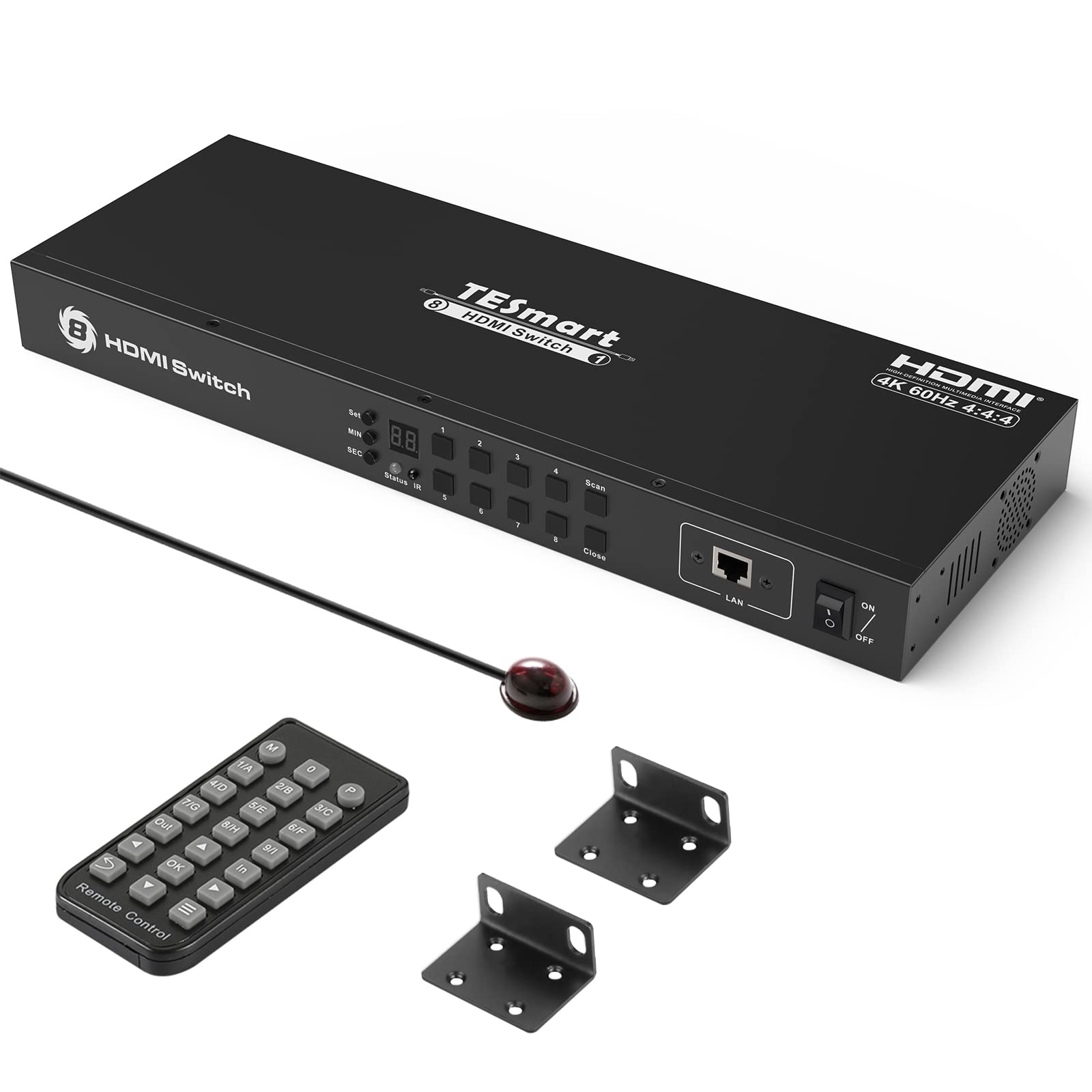 TESmart 8  1 HDMI Switch 8 in 1 Out 4K @ 60Hz HDCP with 19-inch Rack-Ears | RS-232 / LAN Control | IR Remote Control and Auto Sw