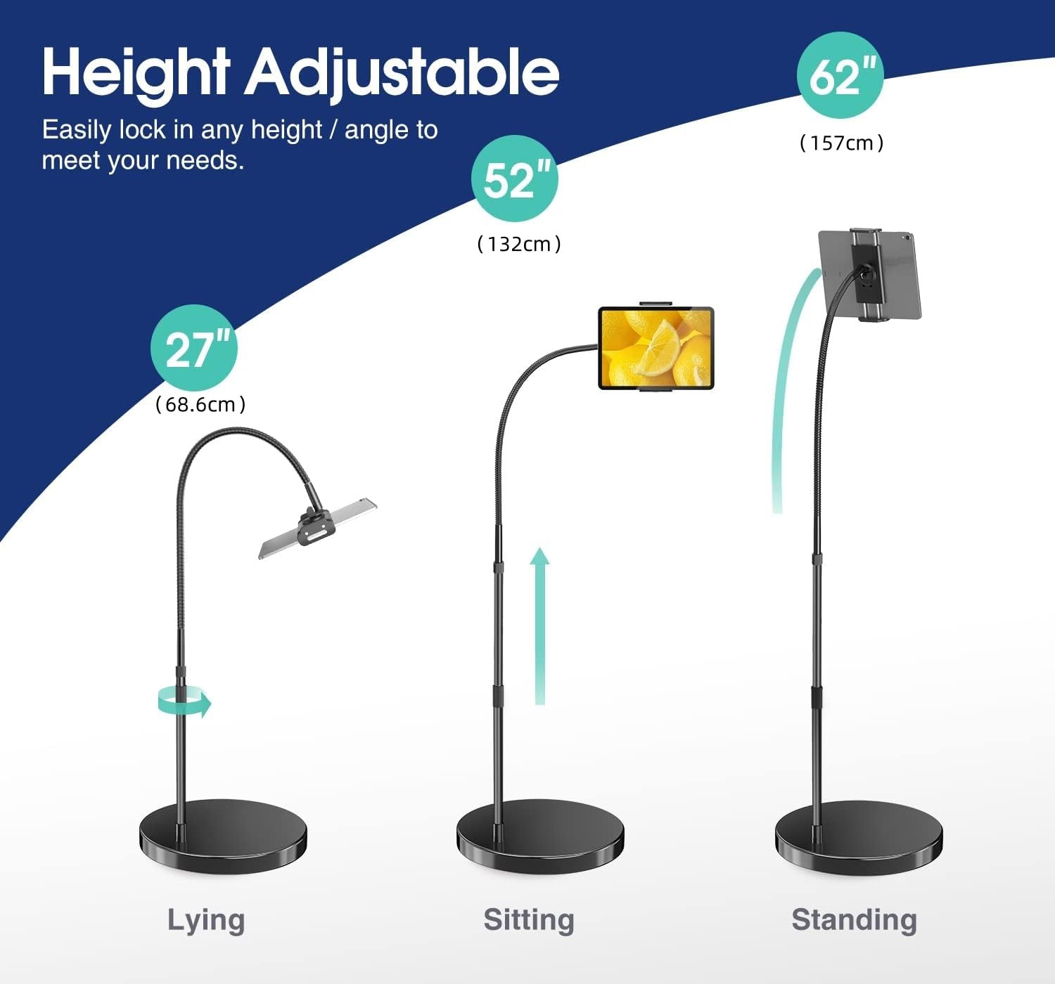 Elitehood Ipad Stand Floor With 14Lb Heavy Duty Base, Adjustable Gooeneck Tablet Floor Stand, Tall Ipad Stand For Bed Compatible With 4.7 13In Kindle, Iphone And Tablets