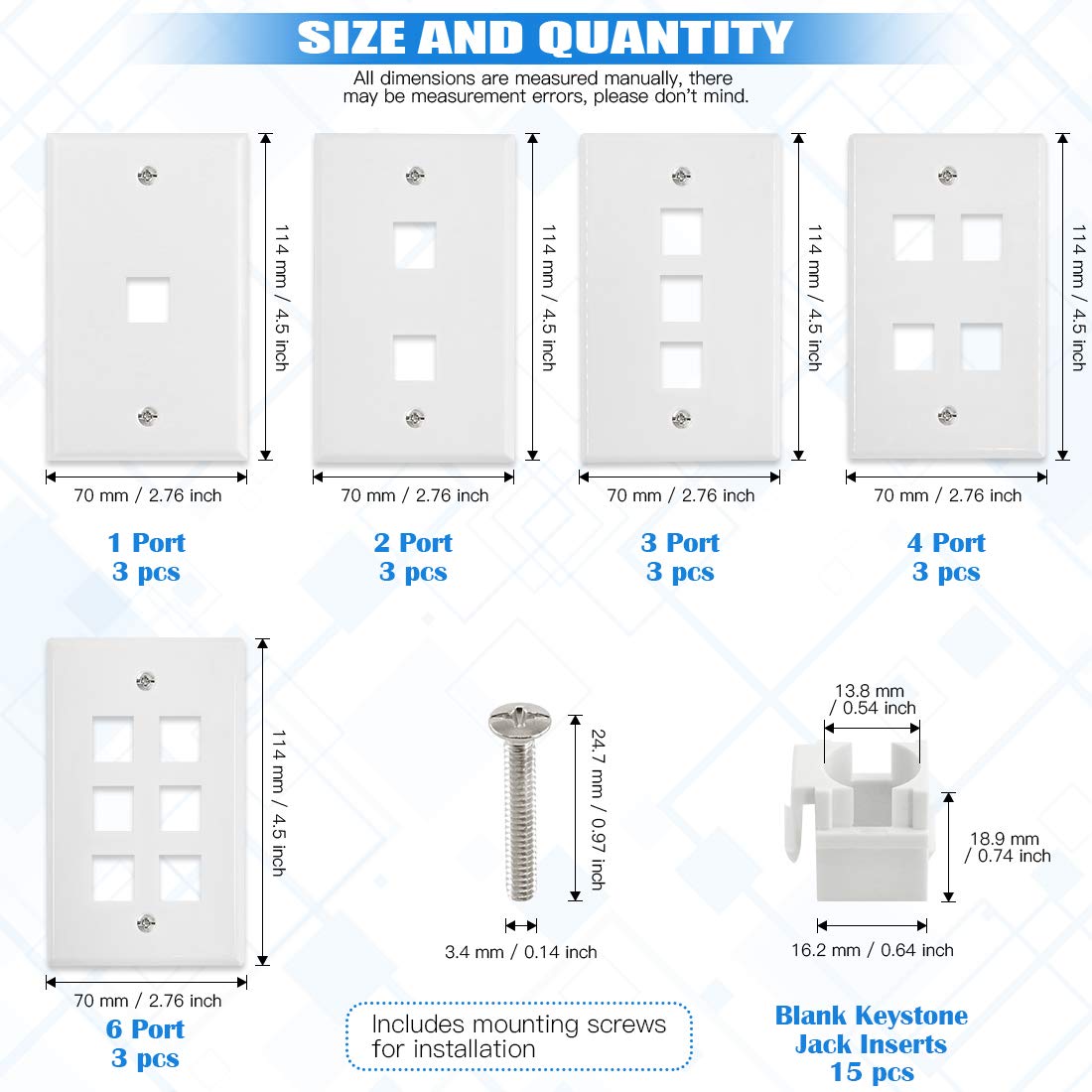 Glarks 30 Pack 1/2/3/4/6 Port White Keystone Wall Plate With Screw And 30Pcs Standard Size Keystone Jack Insert