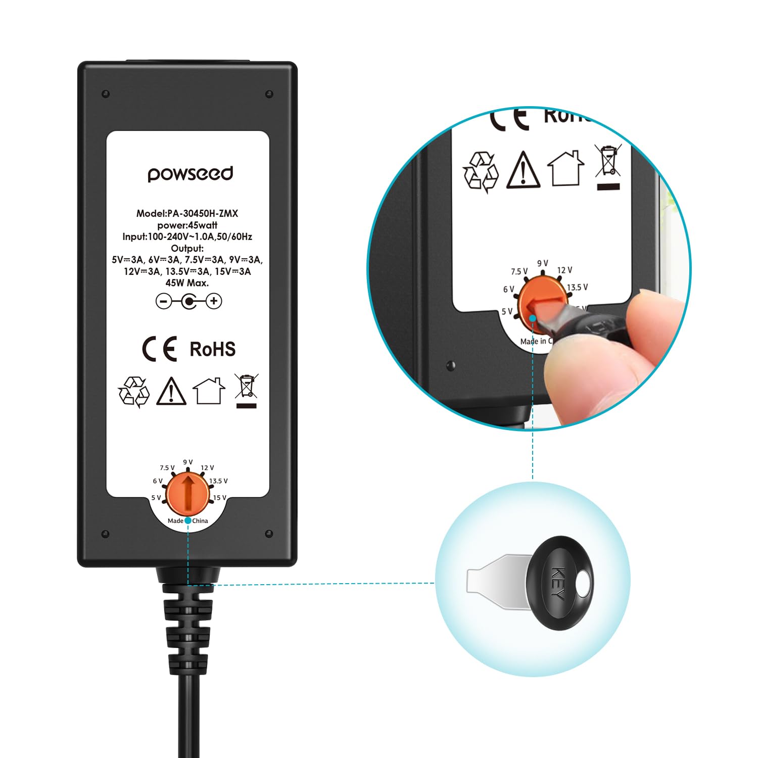 Powseed Universal 45W 5V 6V 7.5V 9V 12V 13.5V 15V Ac Dc Power Adapter For Household Electronics Routers Cctv Ip Cameras Speaker