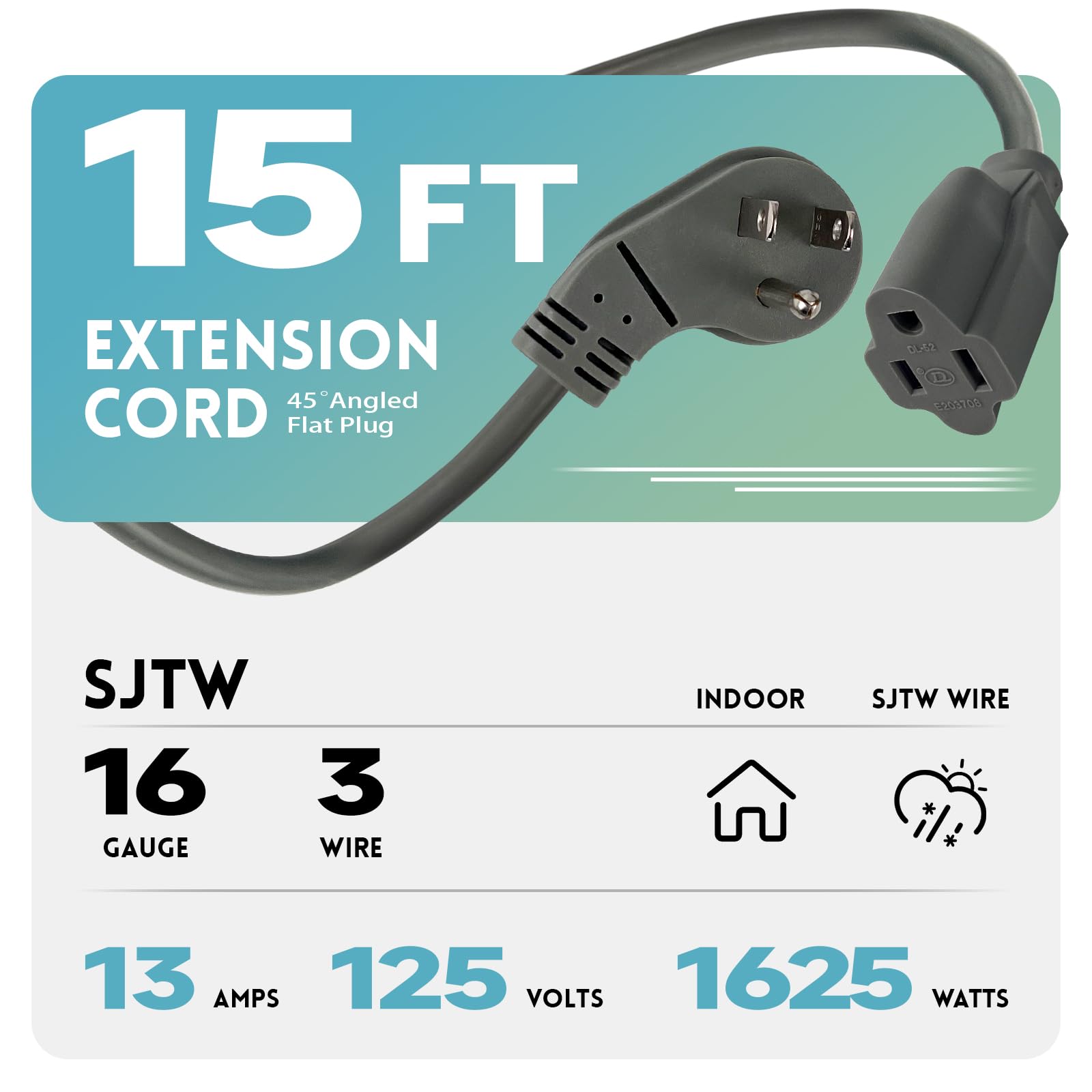 Ep 15 Ft Flat Plug Extension Cord, 16 Awg 3 Prong Grounded Grey Low Profile Extension Cable For Indoor