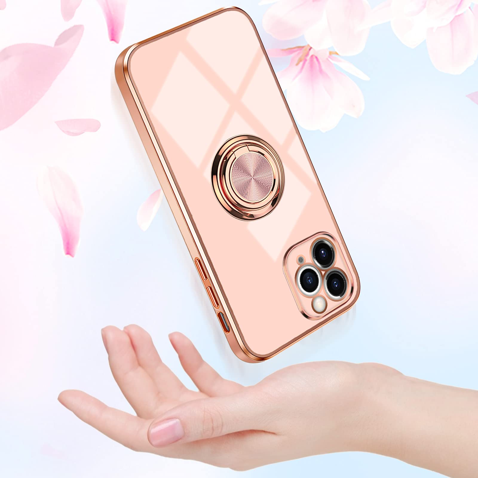 Omorro iPhone 11 Pro Phone Case Pink with Ring Holder Kickstand Shiny Rose Gold Edge TPU