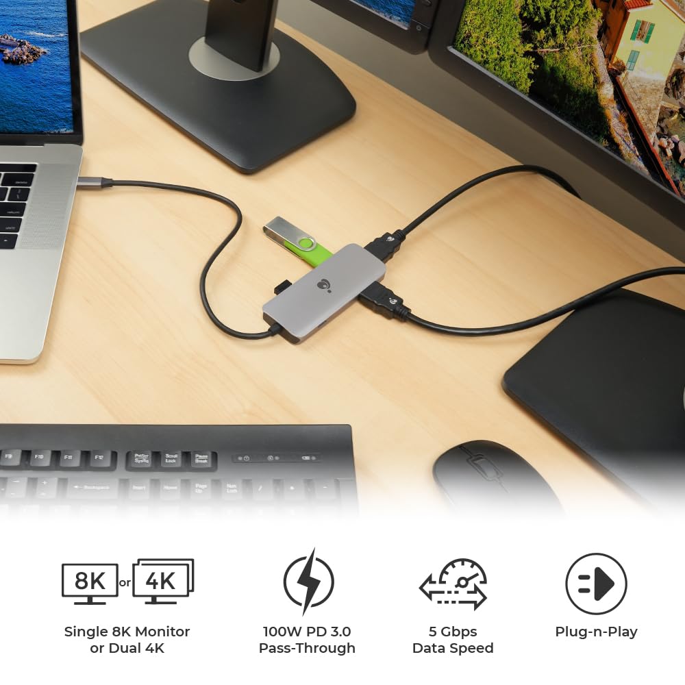 Iogear Usb-C 6-In-1 Travel Dock 8K Single Monitor Nano Dock Pro Up To 4K In Dual Display Mode, Dual Monitors Thunderbolt 3 4 Com