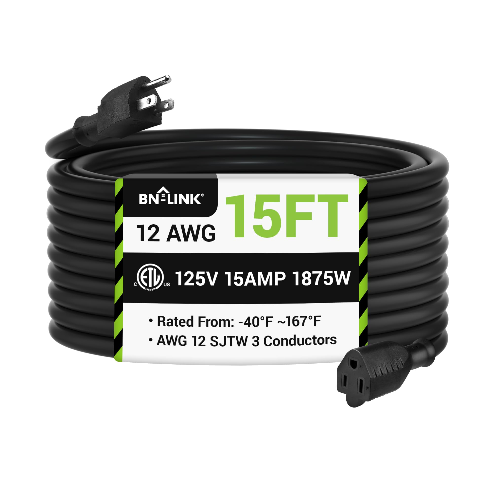 Bn Link 15Ft Outdoor Extension Cord, 15Amps,12/3 Sjtw Heavy Duty Power Cord, 3 Prong Grounded Plug, Weather Resistant, 1875W, Bl