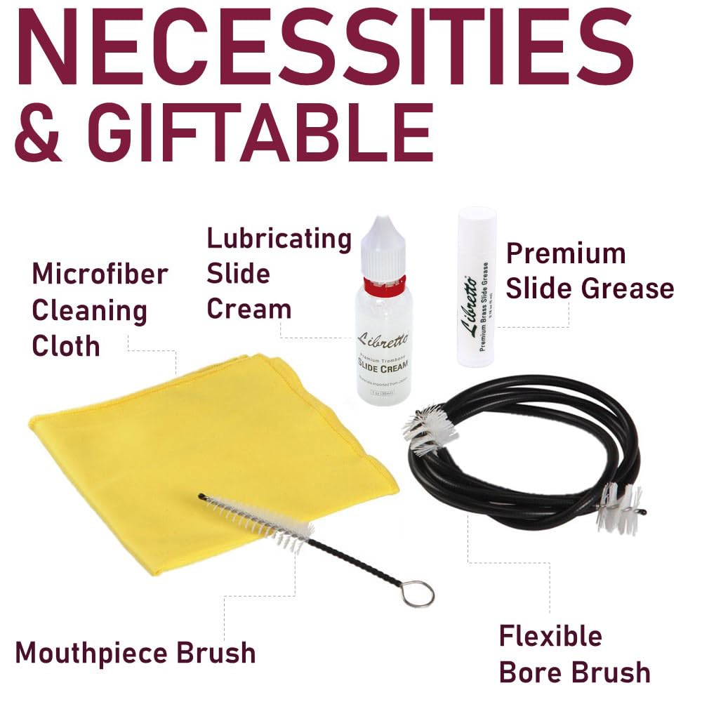 Libretto Trombone All Inclusive Care Kit: Flexible Bore Brush + Mouthpiece Brush + Slide Oil+ Microfiber Cleaning Cloth + Slide