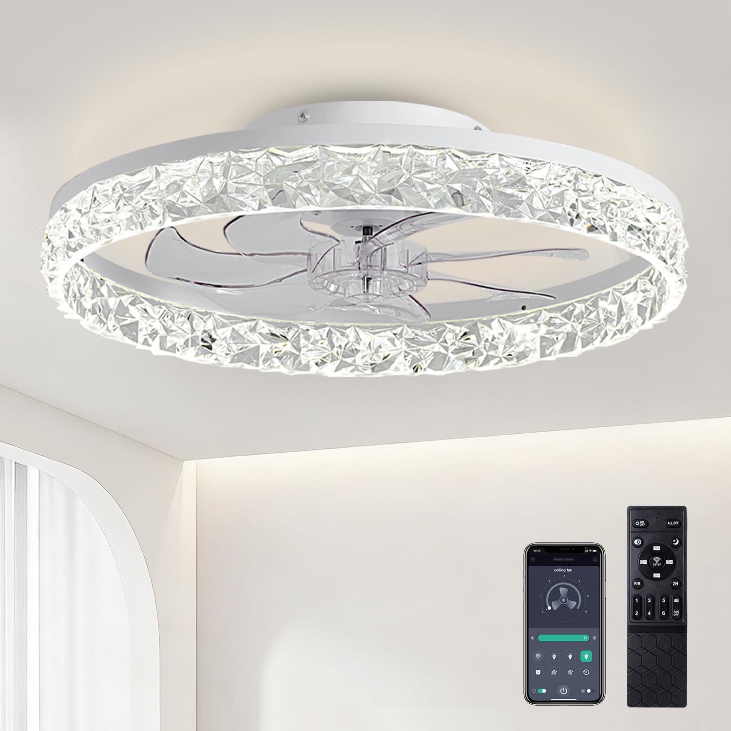 Ceiling Fans with Lights and Remote, 19.7 Low Profile Ceiling Fan with Light, 3000-6500K Dimmable, 6 Speeds and Stepless Color T