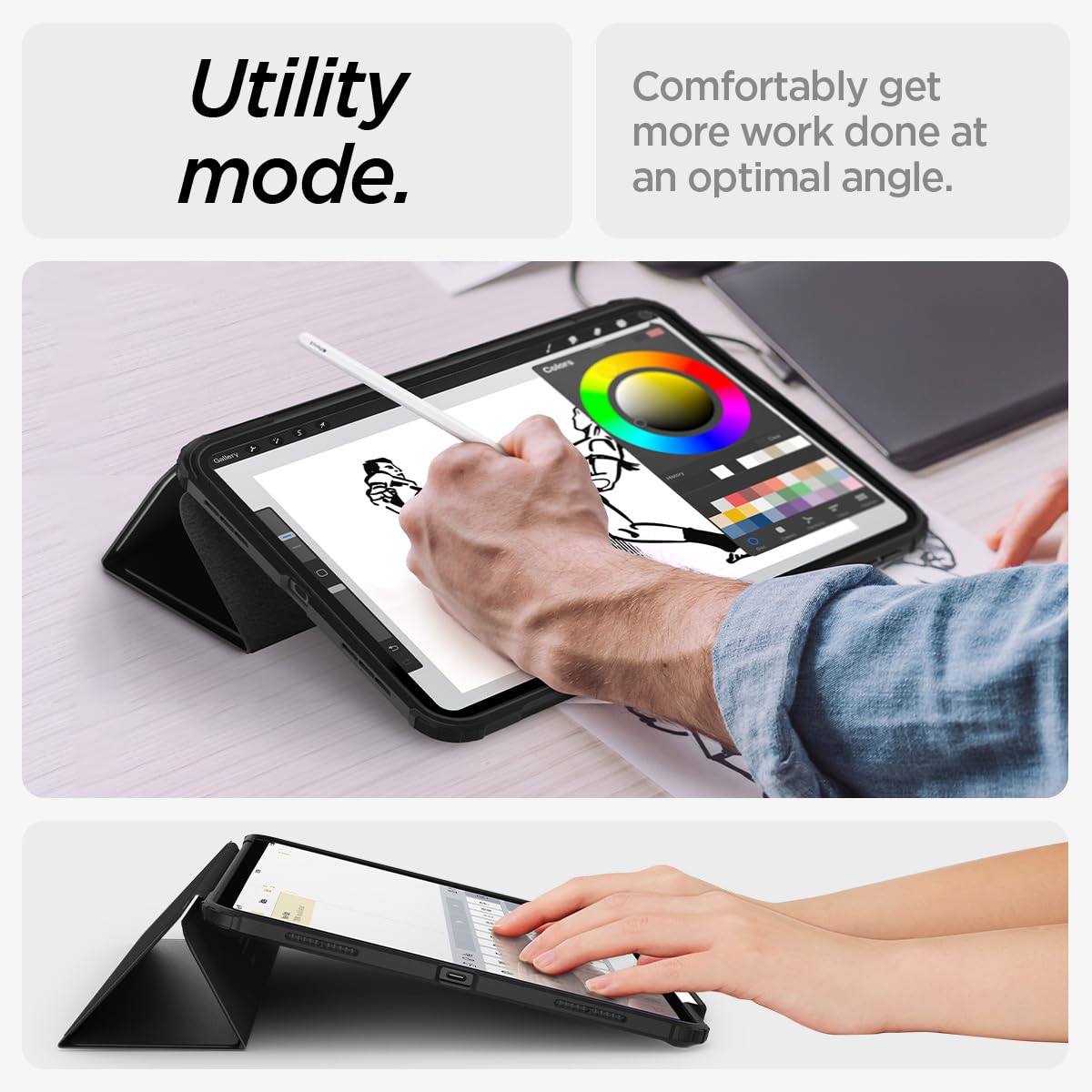 Spigen For Ipad Air 13 Inch Case M3 (2025), Ipad Air 13 Inch Case M2 (2024), Ultra Hybrid Pro Protective Tri Fold Cover Transparent Back And With Pencil Holder, Black